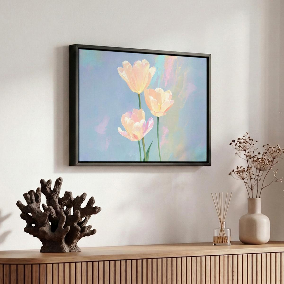 LEINWAND Bilder mit Rahmen - Tulpen - Rosa Akzente - Blau - 30x20 - Pastellblau, Textil (30/20cm) - MuchoWow