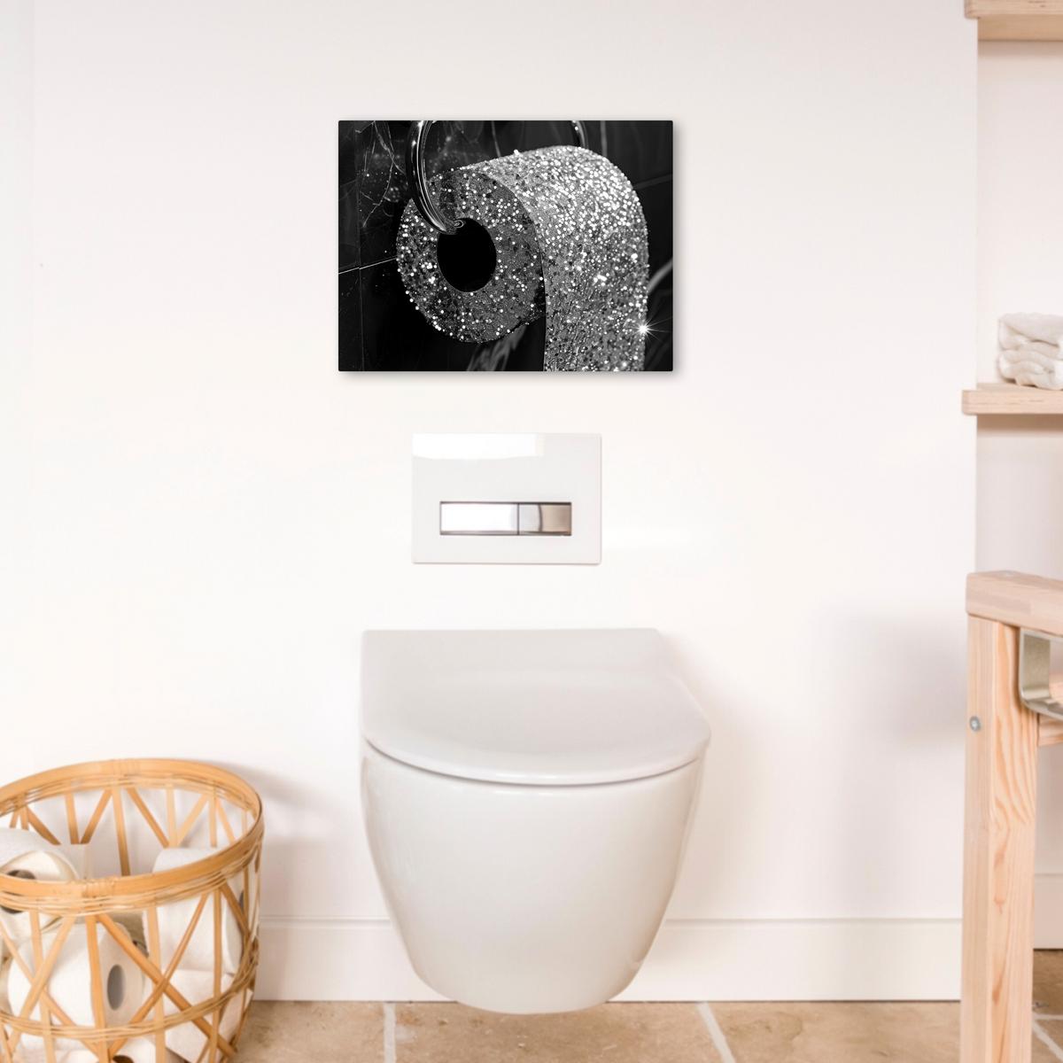 LEINWANDBILD WC - Toilettenpapier - Schwarz und weiß - Glitter Wandbild 40x30 cm - Silberfarben, Textil (40/30cm) - MuchoWow