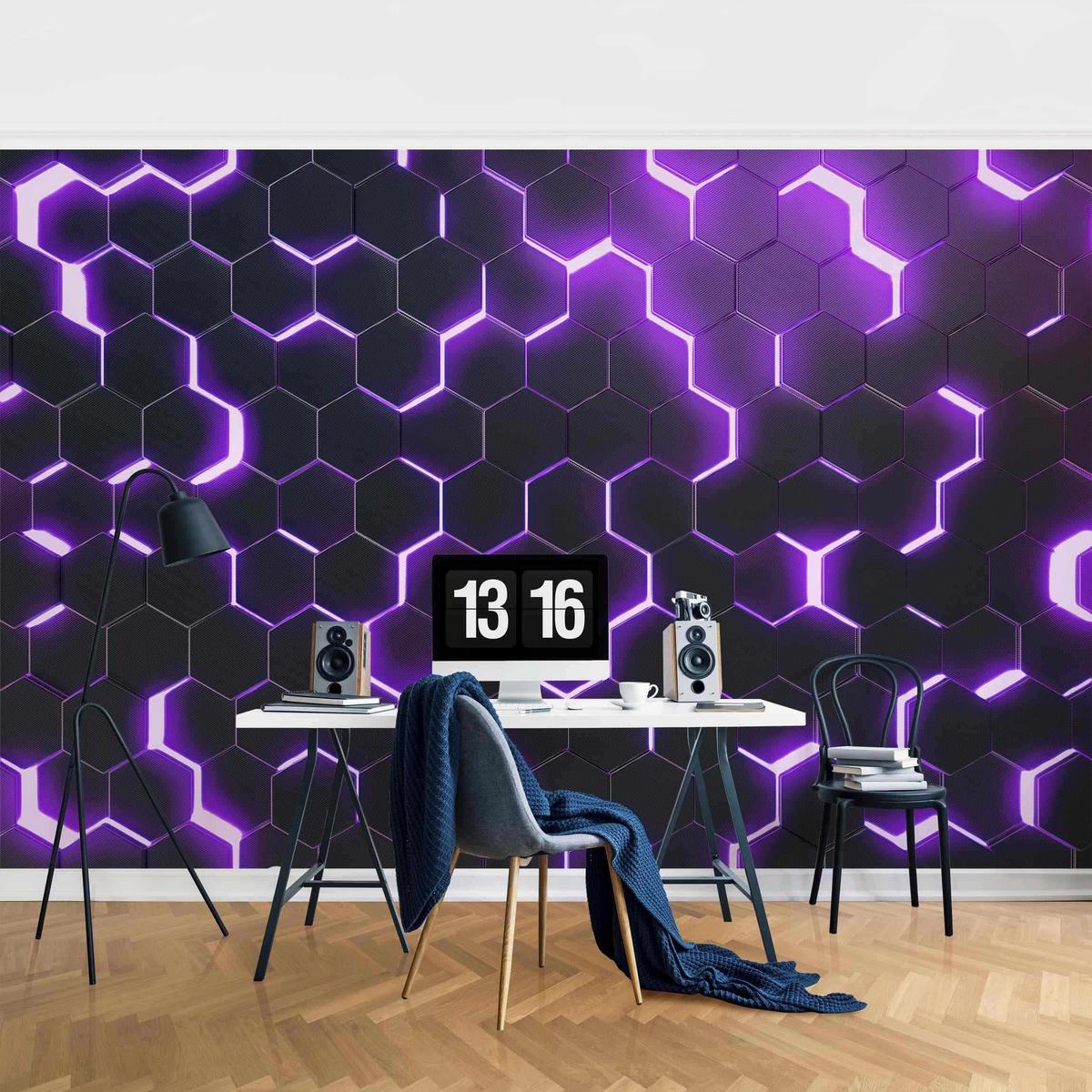 FOTOTAPETE Strukturierte Hexagone mit Neonlicht in Lila 432/290 cm - Schwarz, Papier (432/290cm) - Bilderwelten