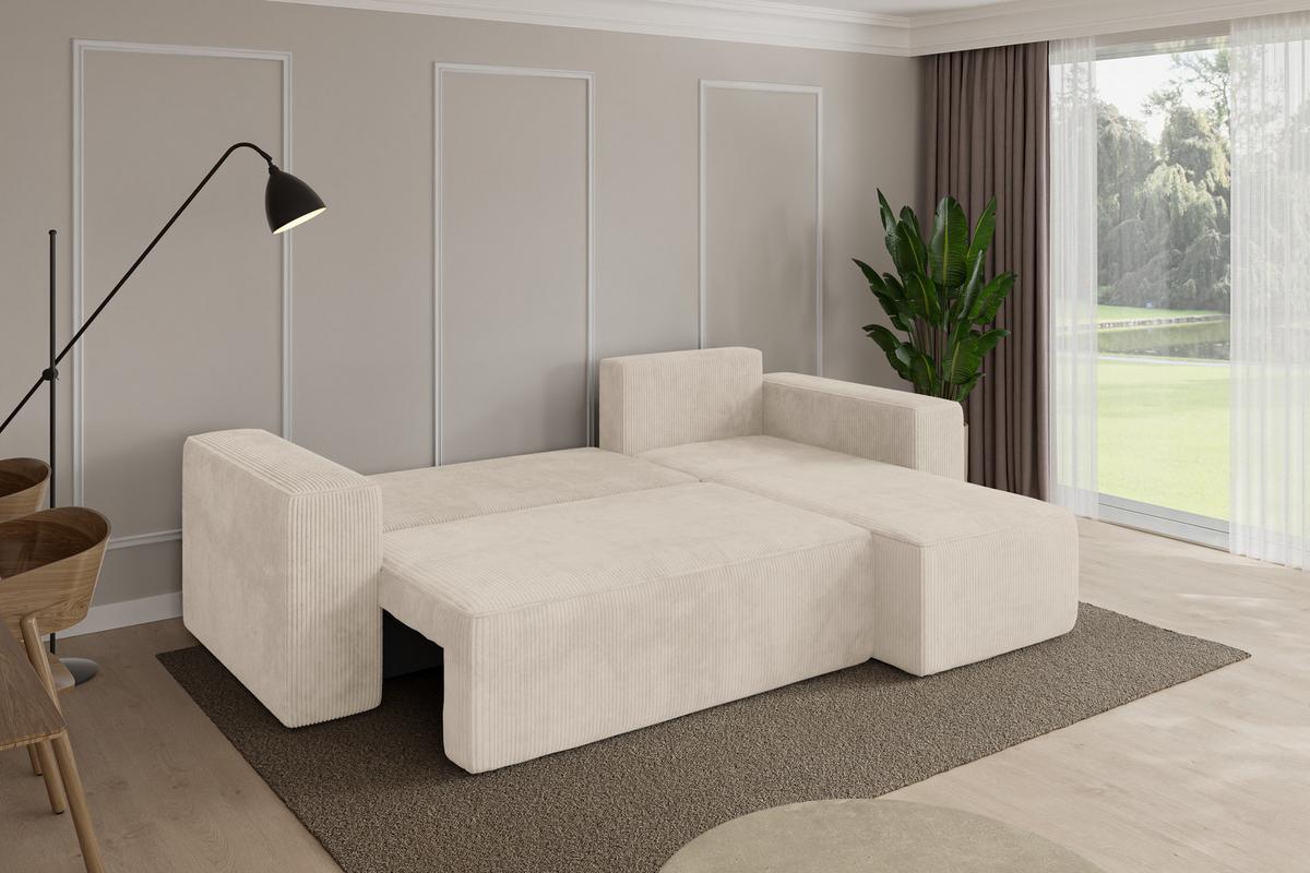 ECKSOFA mit Schlaffunktion Ottomane Rechts SENO-L 249x139x85 Beige Cord - Beige/Schwarz, Holzwerkstoff/Kunststoff (249/139cm) - ALTDECOR