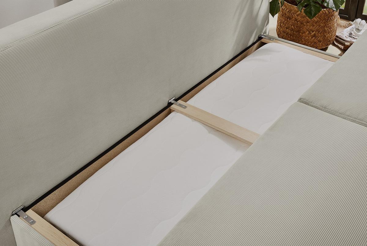 DAUER-SCHLAFSOFA Federkern Topper Bettkasten B201/T110/H88 cm, Liegefläche 160x200 cm, Feincord Beige / 15151 - Wildeiche/Eiche Bianco, Holz/Textil (201/88/110cm) - luma-home