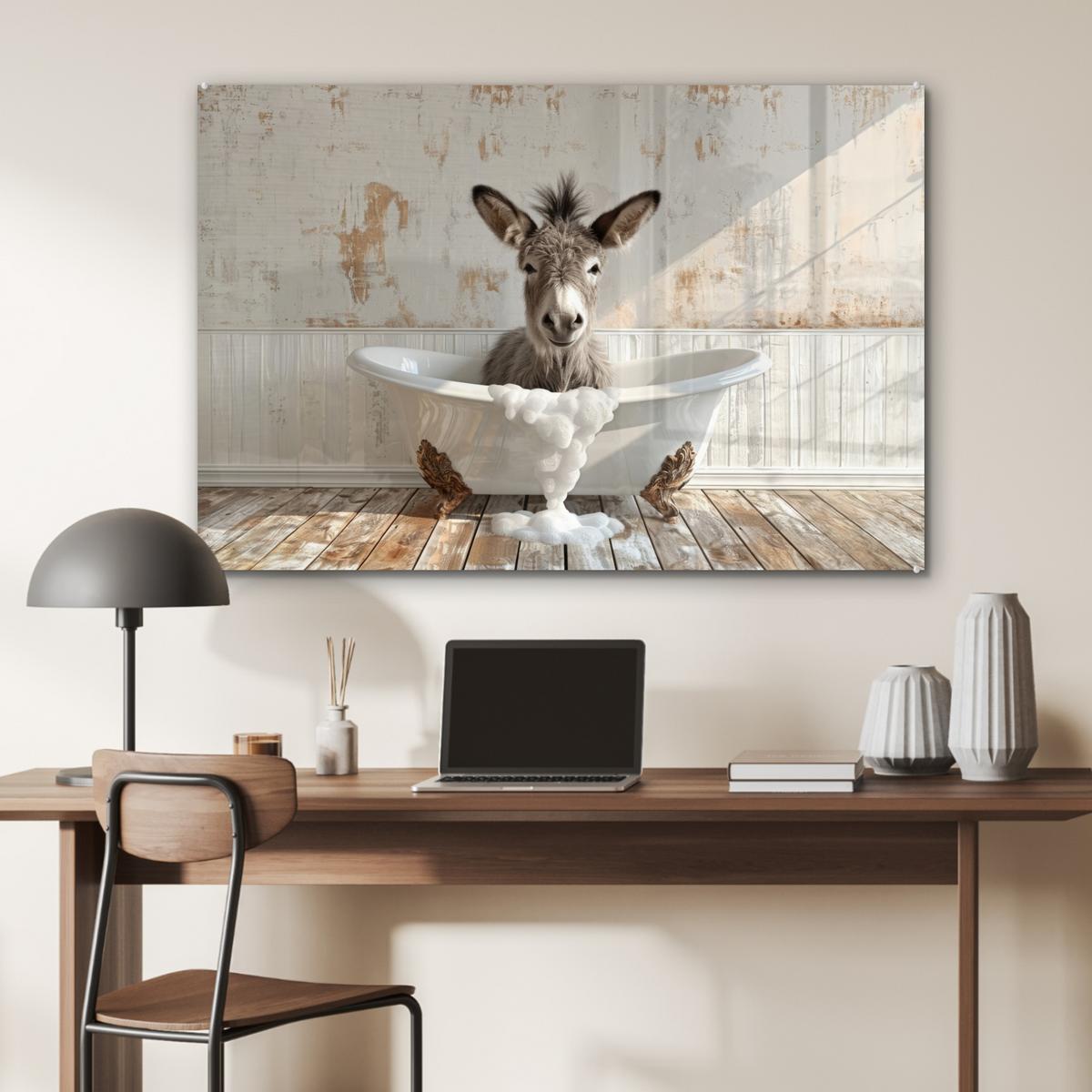 ACRYLGLASBILD Esel - Tiere - Badewanne - Schaumstoff Wandbild Schlafzimmer 120x80 cm - Weiß, Glas (120/80cm) - MuchoWow
