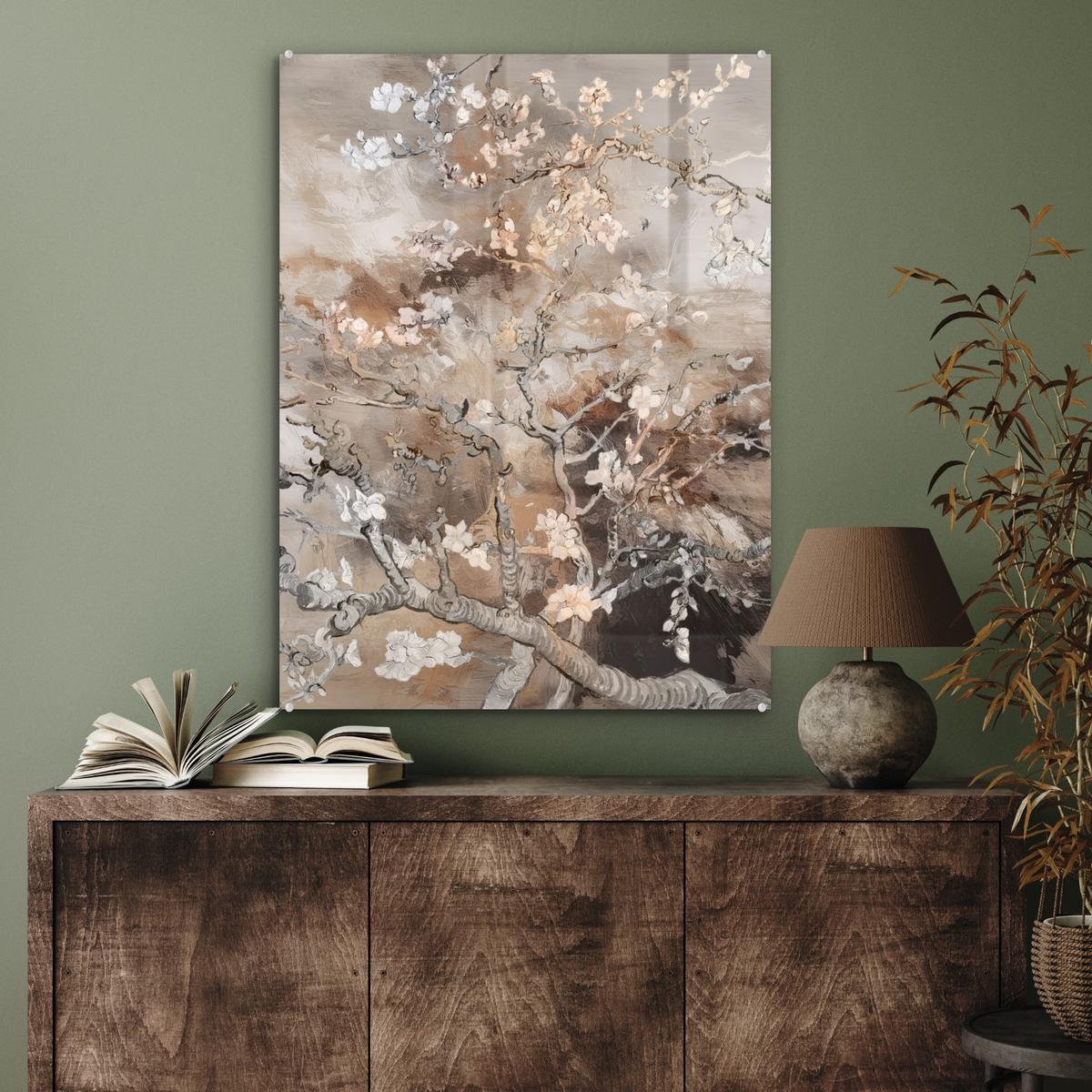 ACRYLGLASBILD Mandelblüte - Kunst - Van Gogh - Beige - Abstrakt 60x80 cm - Braun, Glas (60/80cm) - MuchoWow