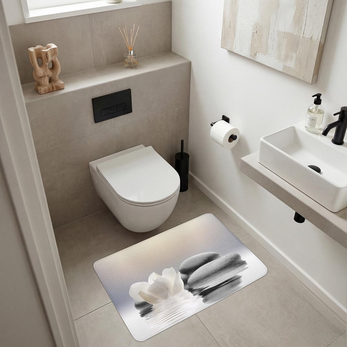 BADEMATTE Steine - Lotus - Weiß - Wasser - Zen 90x60 cm - Weiß, Textil (90/60cm) - OnlyWow