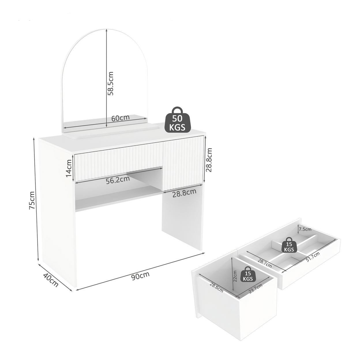 SCHMINKTISCH weiß mit Spiegel Schubladen modern - Weiß, Holzwerkstoff (90/135/40cm) - Urban Meuble