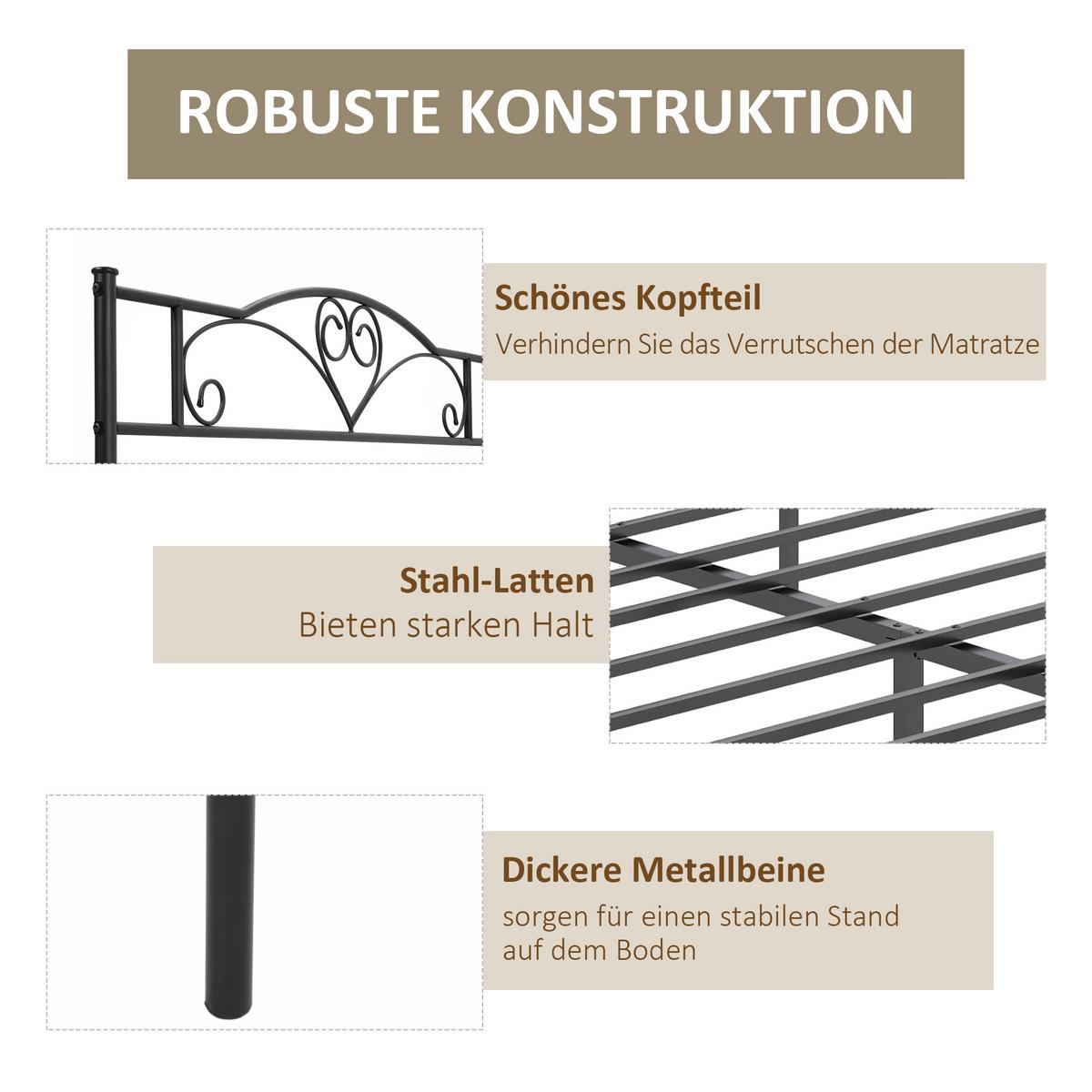 BETT 140 x 200 cm Stahl mit Lattenrost, Unterbettaufbewahrung, Kopf- und Fußteil - Schwarz, Metall (140/200cm) - HOMCOM