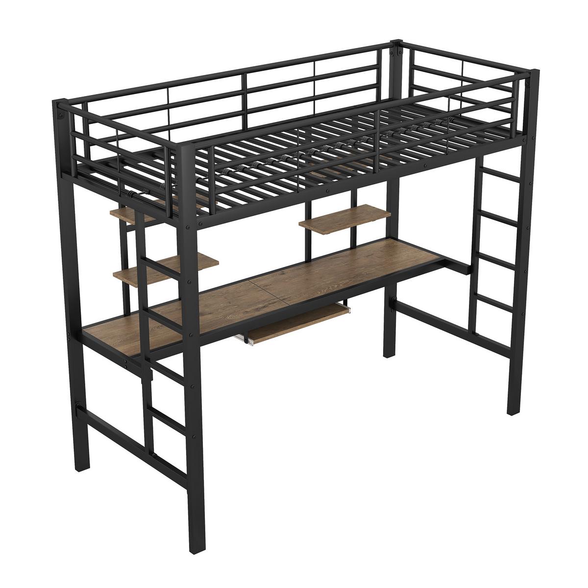 HOCHBETT metall schwarz 90x200cm mit schreibtisch regalen - Schwarz, Metall (90/200cm) - Urban Meuble