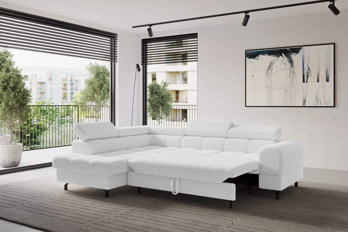 ECKSOFA mit Schlaffunktion Ottomane Links LUMA-L 272x203x70 Weiß Bouclé - Schwarz/Weiß, Holzwerkstoff/Kunststoff (272/203cm) - ALTDECOR