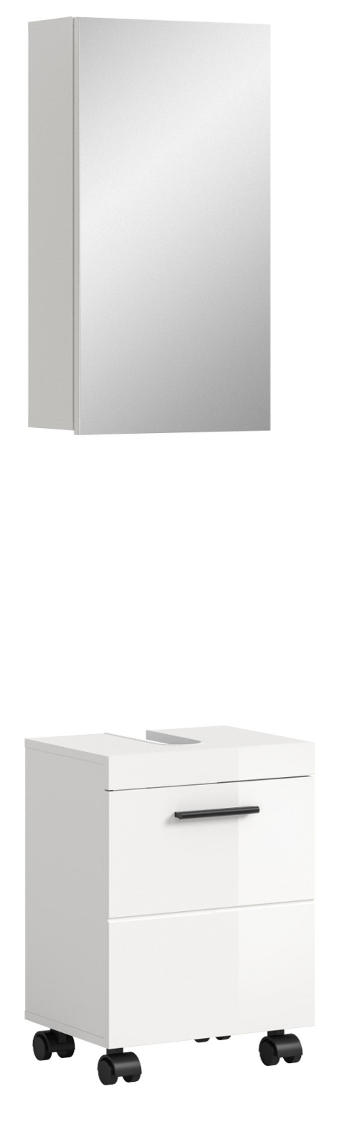 BADMÖBEL-SET weiß Hochglanz 2-teilig 40 cm, Badkombination auf Rollen - Weiß Hochglanz/Schwarz, Glas/Holzwerkstoff (40/191/30cm) - Inn.Furn