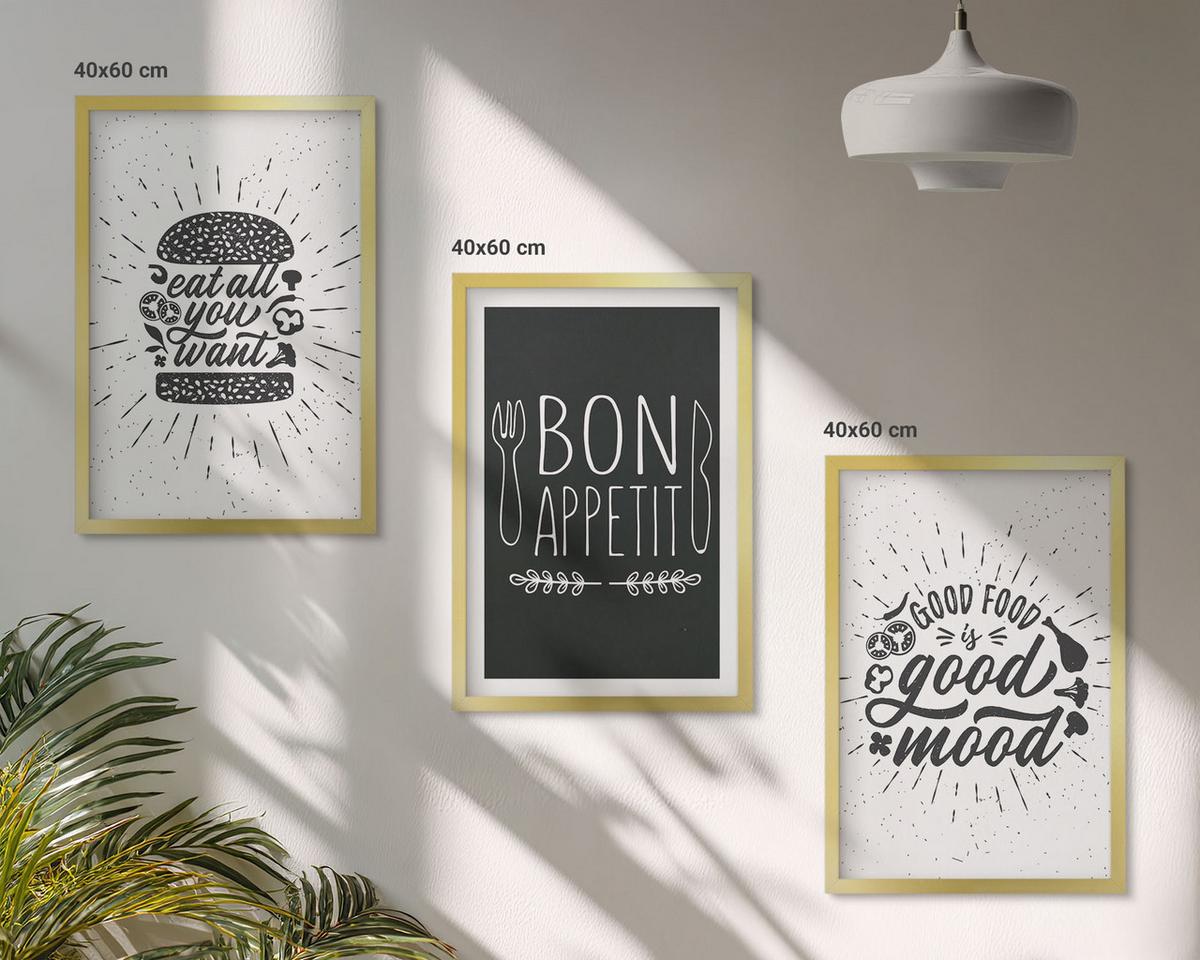 BILDER SET 3er Set - 40x60 cm Goldrahmen - Grafiken, Lebensmittel, kulinarische Slogans - Goldfarben, Kunststoff (40/60cm) - TULUP