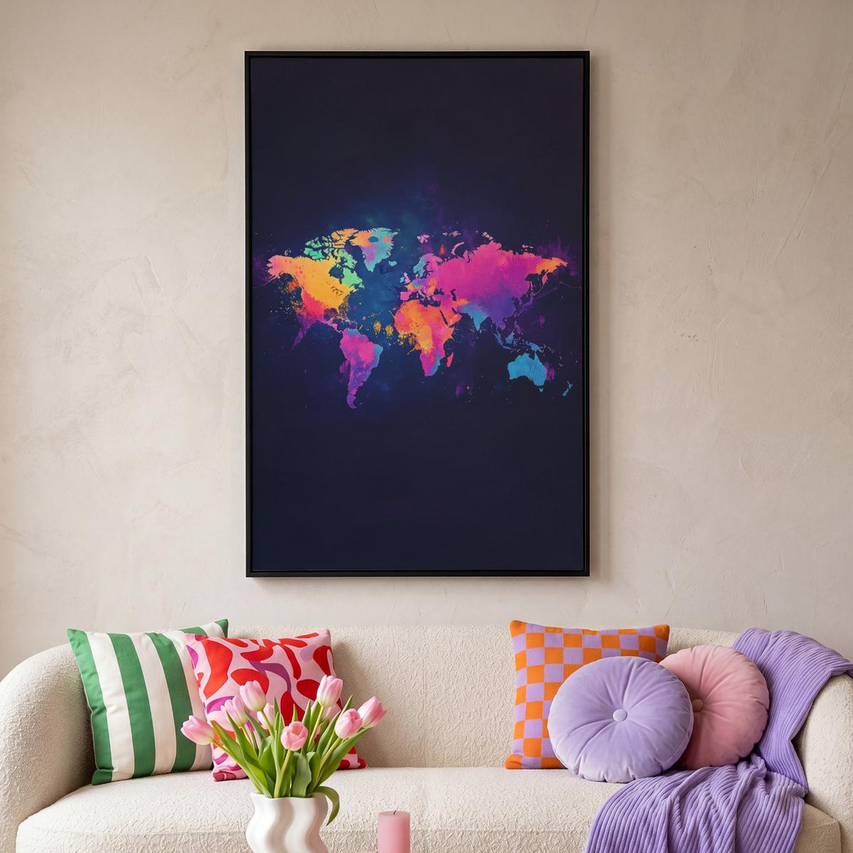 LEINWAND Bilder mit Rahmen - Weltkarte - Bunt - Graffiti - 80x120 - Multicolor, Textil (80/120cm) - MuchoWow