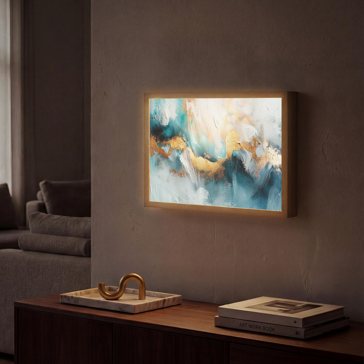 WANDLEUCHTE MIT AKKU Abstrakt - Kunst - Gold - Blau 40x30 cm - Türkis, Holzwerkstoff (40/30/8cm) - OnlyWow