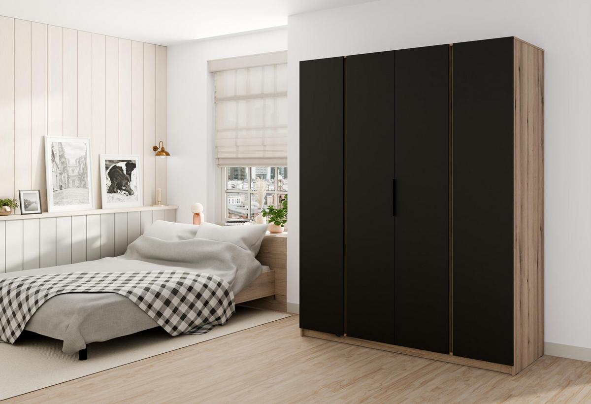 KLEIDERSCHRANK Nehir Eiche Evoke/Schwarz 200 cm - 4T Modern - Eichefarben/Schwarz, Holzwerkstoff/Kunststoff (200/239/61.9cm) - AX Living