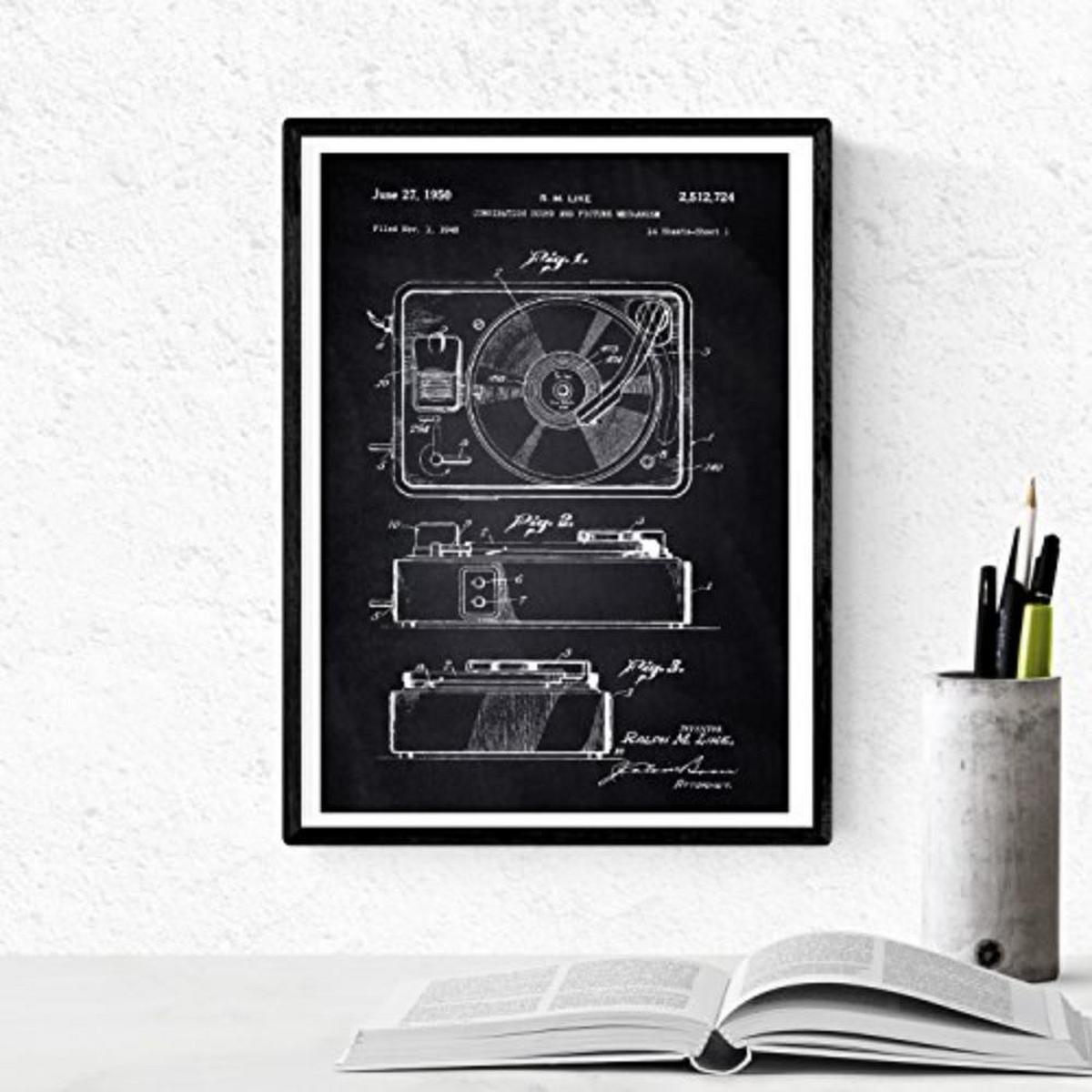 POSTER Set mit 4 Schwarz Drehscheibe Patenten A4 Schwarzer Rahmen - Schwarz, Papier (29.7/3cm) - Nacnic