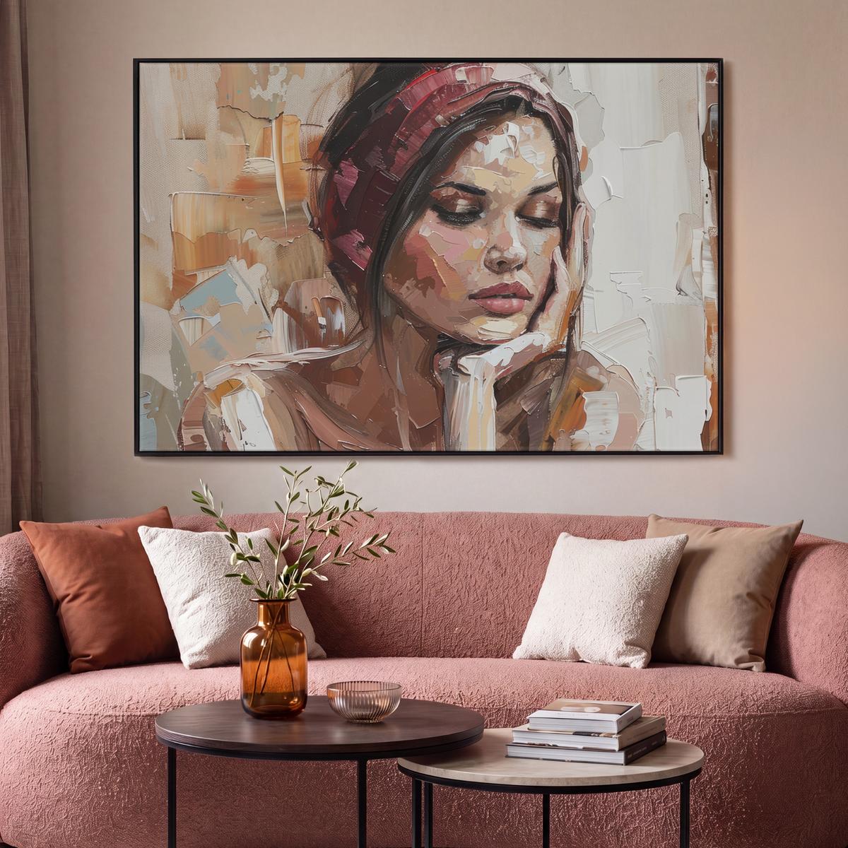 LEINWAND Bilder mit Rahmen - Frau - Lackierung - Porträt - Modern - 150x100 - Altrosa, Textil (150/100cm) - MuchoWow