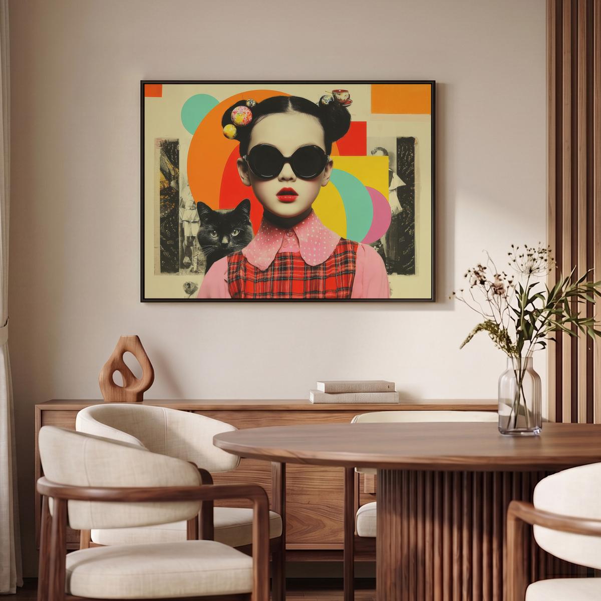 LEINWAND Bilder mit Rahmen - Mädchen - Sonnenbrille - Katze - Retro - 100x70 - Beige, Textil (100/70cm) - MuchoWow