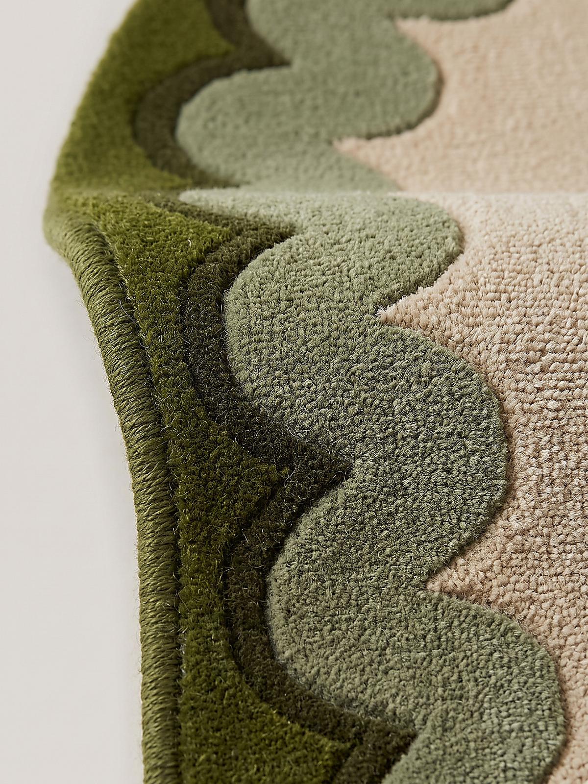 WOLLTEPPICH handgetuftet WAVENEY, Zickzack-Wellenbordüre, Olivgrün, Ø 160 cm - Grün, Textil (160/160cm) - KADIMA DESIGN