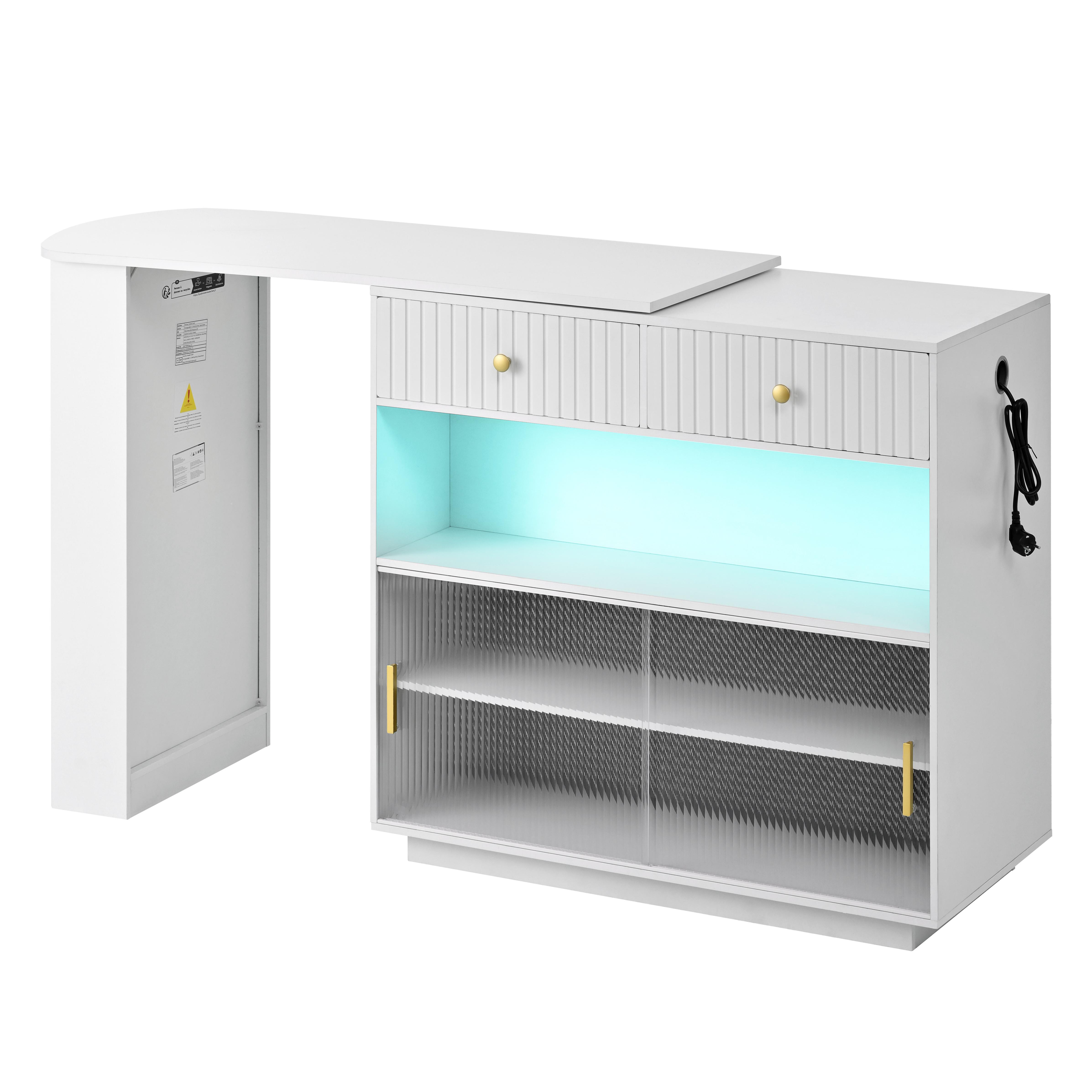 BARTISCH mit sideboard in weiß mit riffelglas, 360° drehbar - Weiß, Holzwerkstoff (50/120/95.5cm) - Urban Meuble