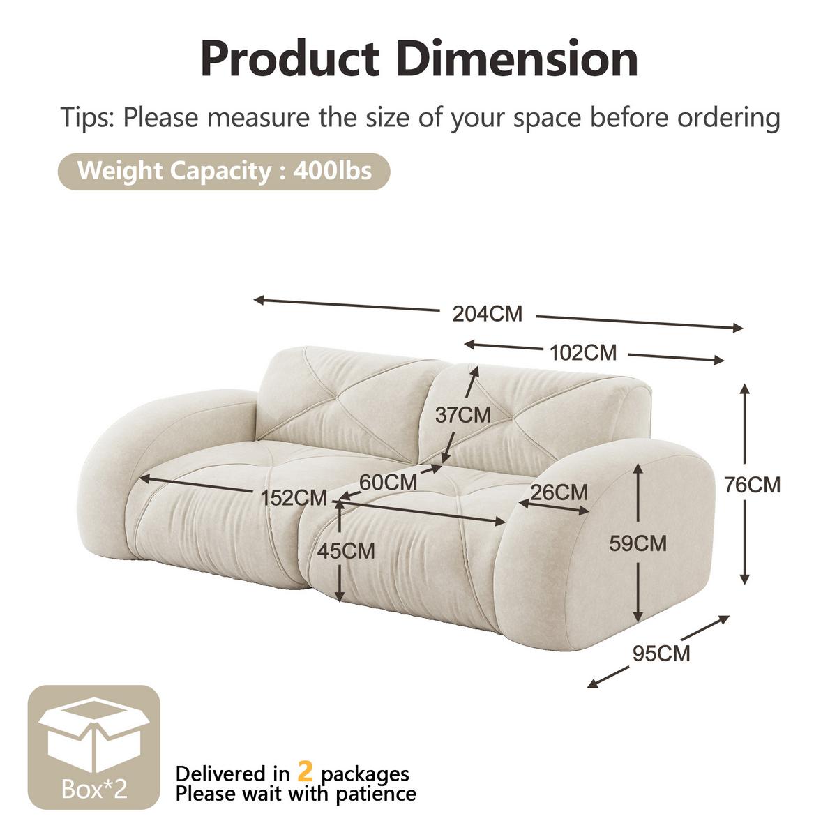 2-SITZER SOFA chenille modular & montagefrei - Weiß, Textil (204/76/95cm) - Urban Meuble