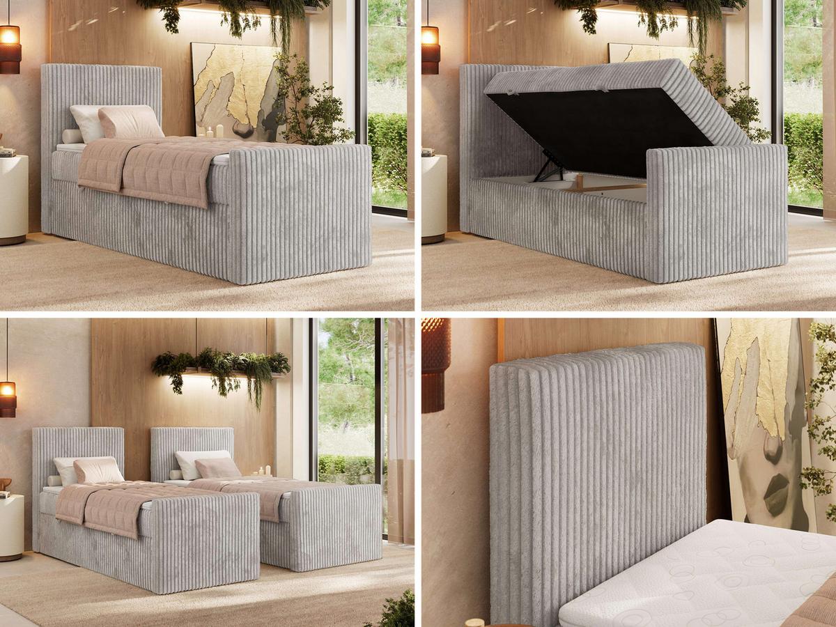 BOXBETT TILIANO DUO 90/200 - Hellgrau Cord - H4 - Topper T25 - Links Seite - Hellgrau, Textil (200/90cm) - MKS