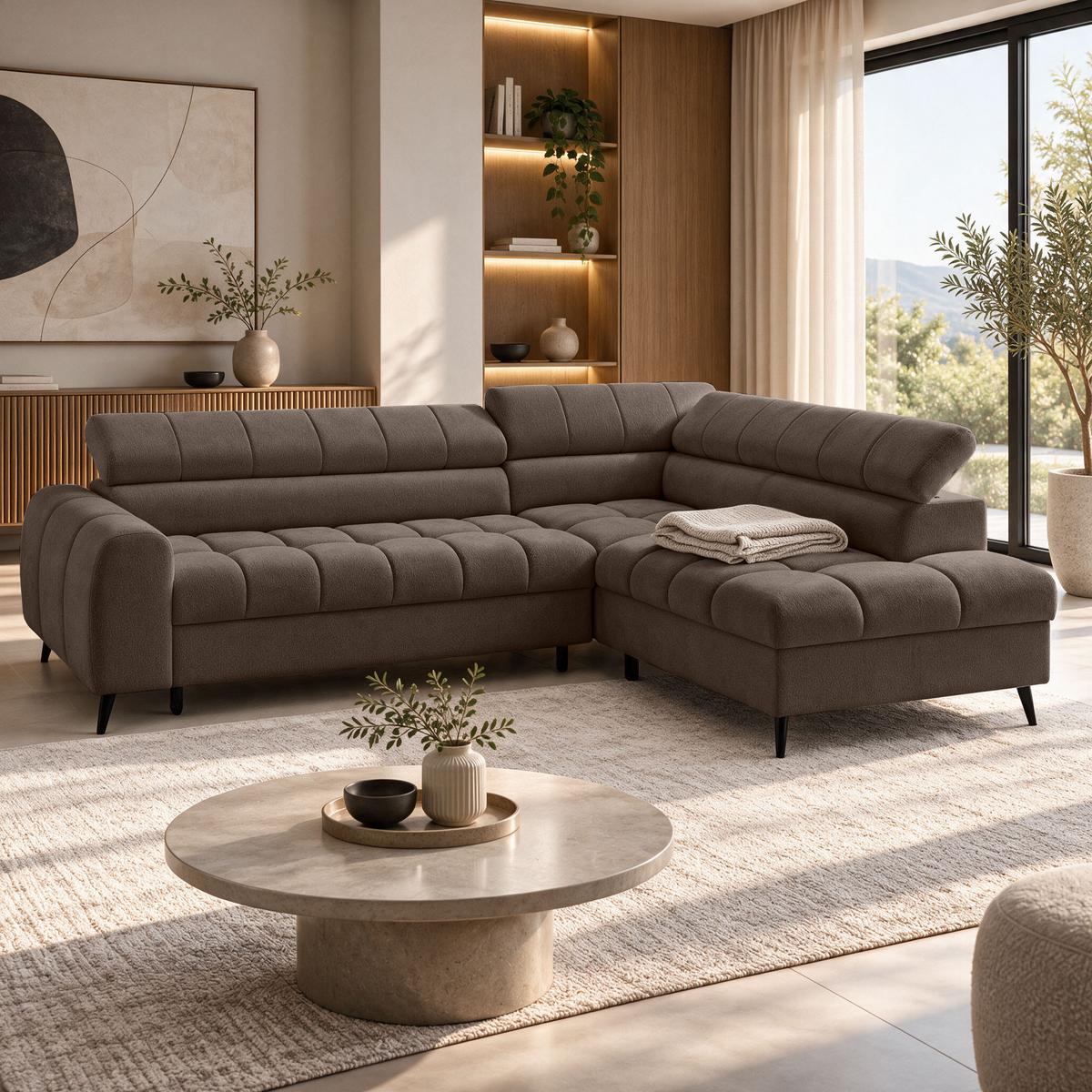 ECKSCHLAFSOFA Vinni Braun, Chenille-Stoff, rechts - Braun, Textil (265/205cm) - Beautysofa