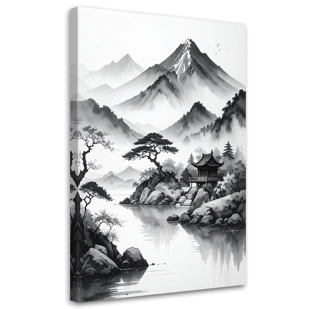LEINWANDBILD Japanische Landschaft gemalt mit Tinte 40x60cm - Schwarz, Textil (40/60cm) - Feeby