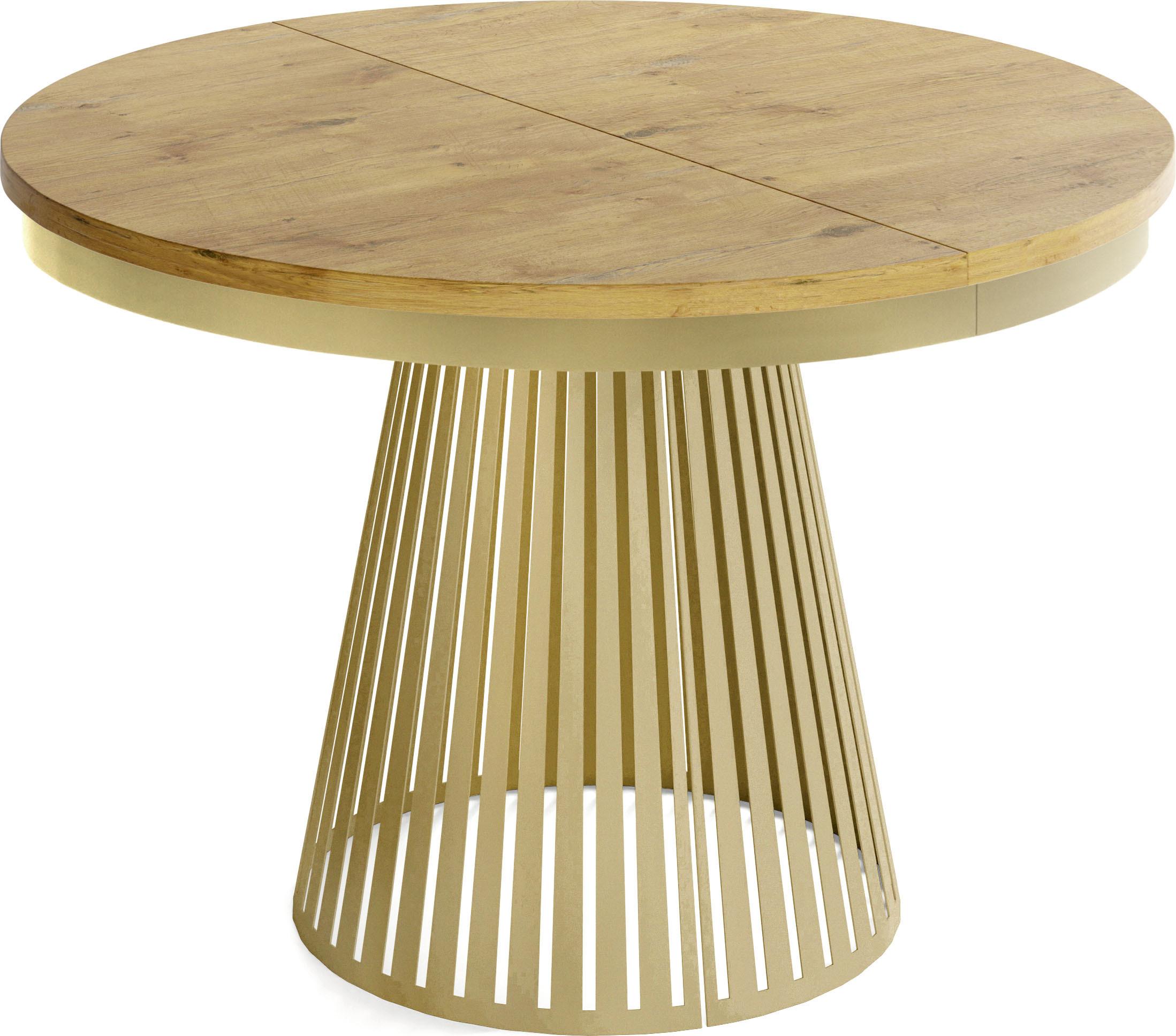 ESSTISCH Naro rund ausziehbar mit Goldem Lamellen-Metallgestell, Eiche Hell Braun 120-200/120/76 cm - Eichefarben/Goldfarben, Holzwerkstoff/Metall (100/200/76cm) - WFL GROUP