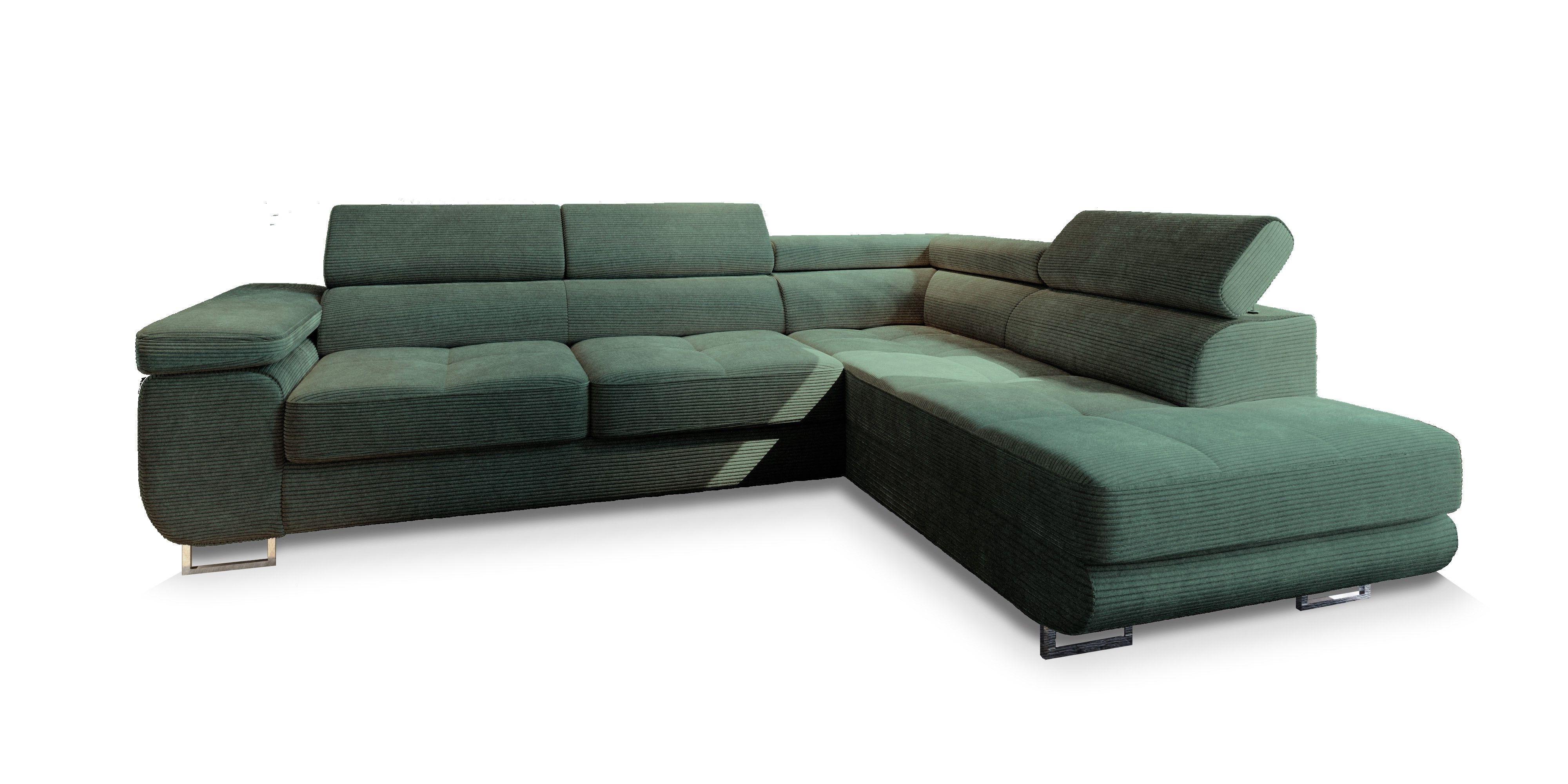 ECKSOFA APIRO R-S Grün Kordstoff mit Schlaffunktion - Silberfarben/Grün, Holz/Textil (276/202cm) - MASSENO