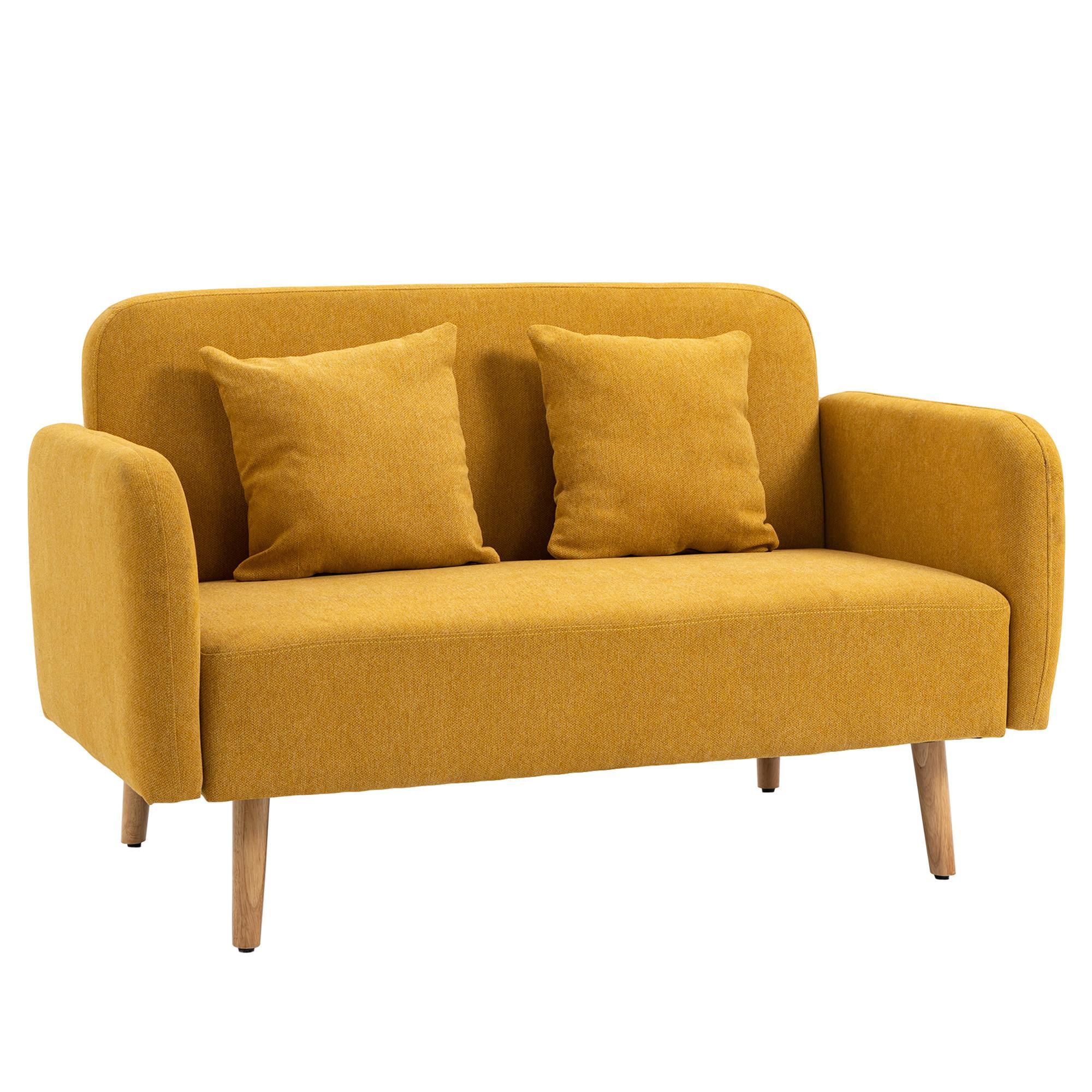 2 Sitzer Sofa, Couch mit 2 Wurfkissen, gepolsterter Doppelsofa mit Samtopik - Currygelb, Kunststoff (70/80/130cm) - HOMCOM