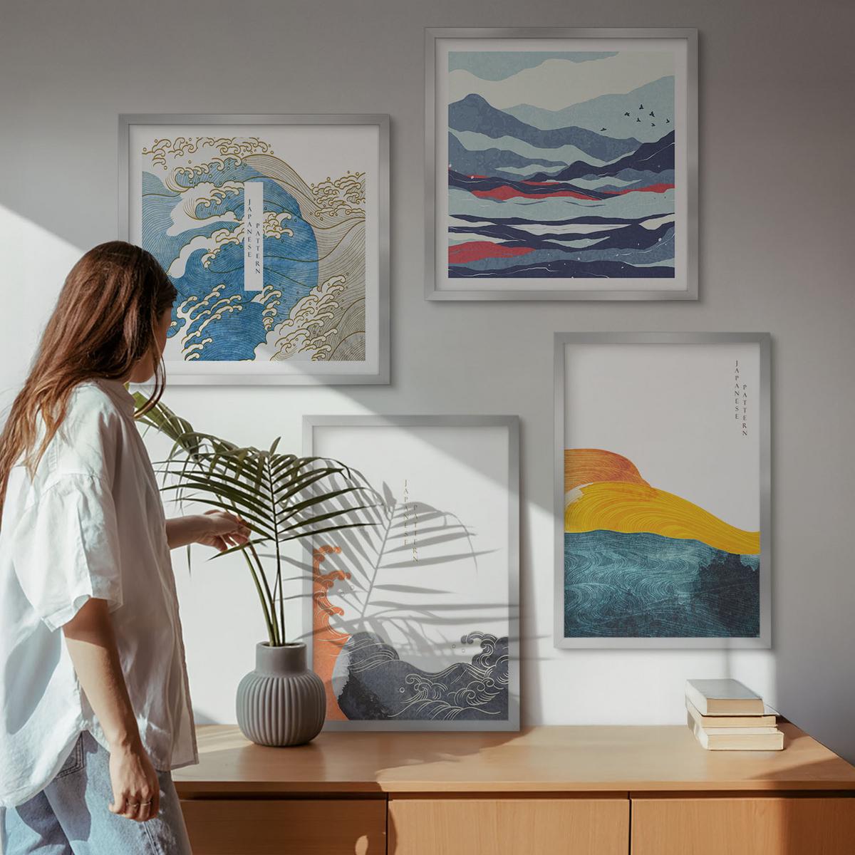 BILDER SET 4er Set - 50x50 cm & 40x60 cm Silberner Rahmen - Wellen – Japanische Kunstgrafik - Silberfarben, Kunststoff (50/50cm) - TULUP