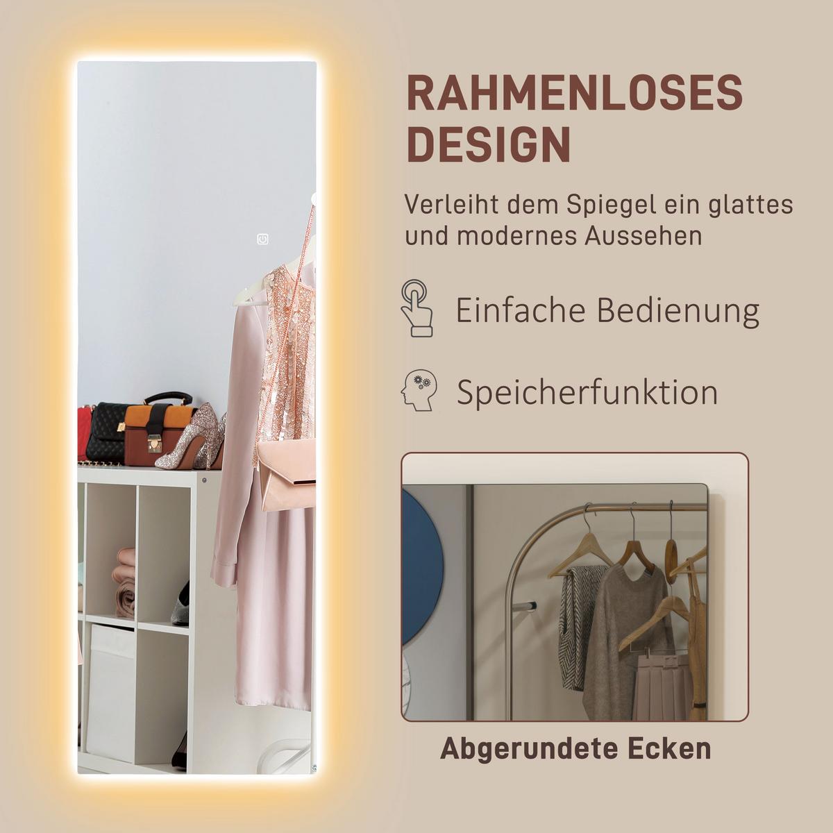 GANZKÖRPERSPIEGEL 40 x 120 cm Standspiegel mit LED Lichte, Wandspiegel - Transparent, Glas (3/120/40cm) - HOMCOM