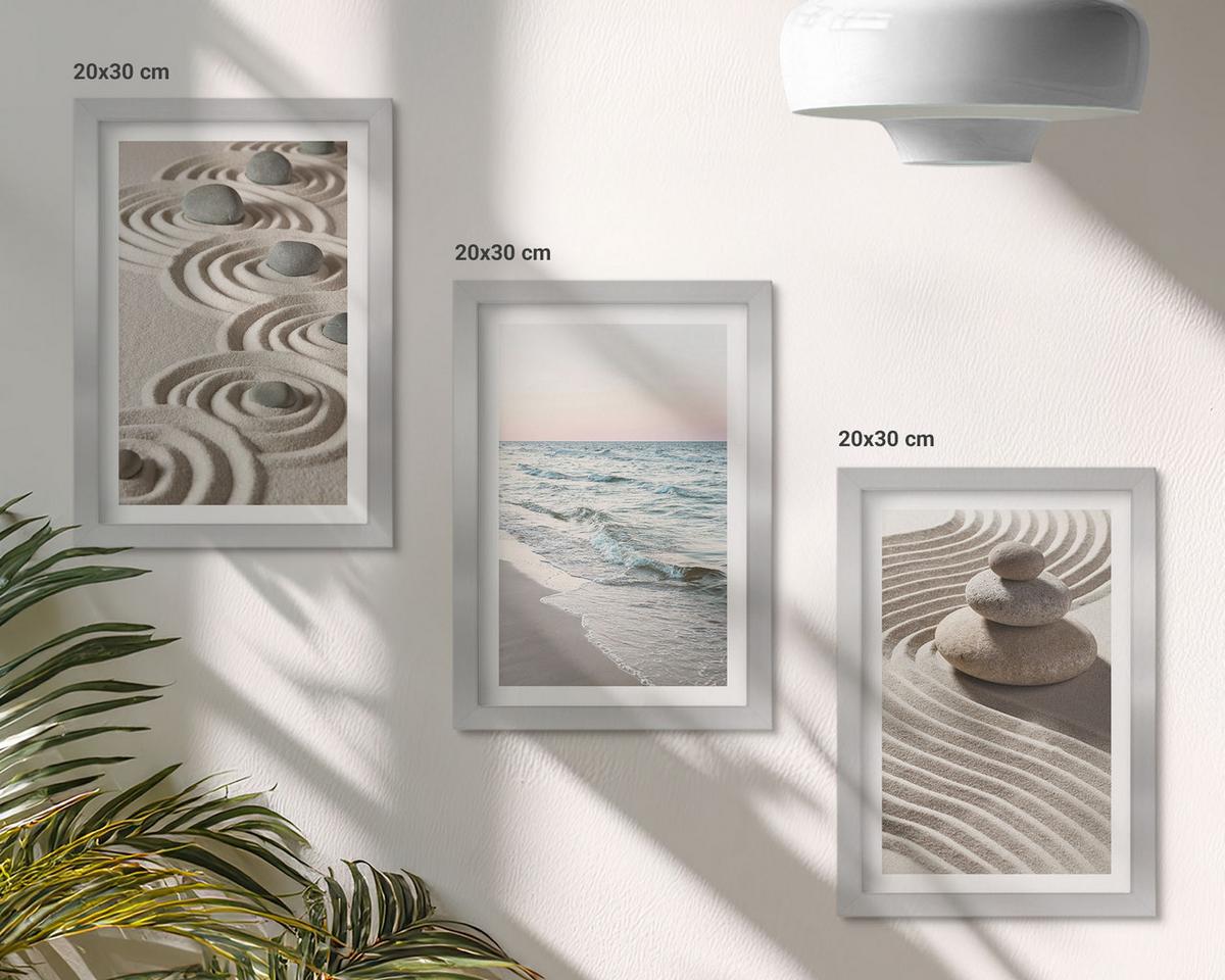 BILDER SET 3er Set - 20x30 cm Silberner Rahmen - Wellen, Sand, Wasser, Steine, Strand - Silberfarben, Kunststoff (20/30cm) - TULUP