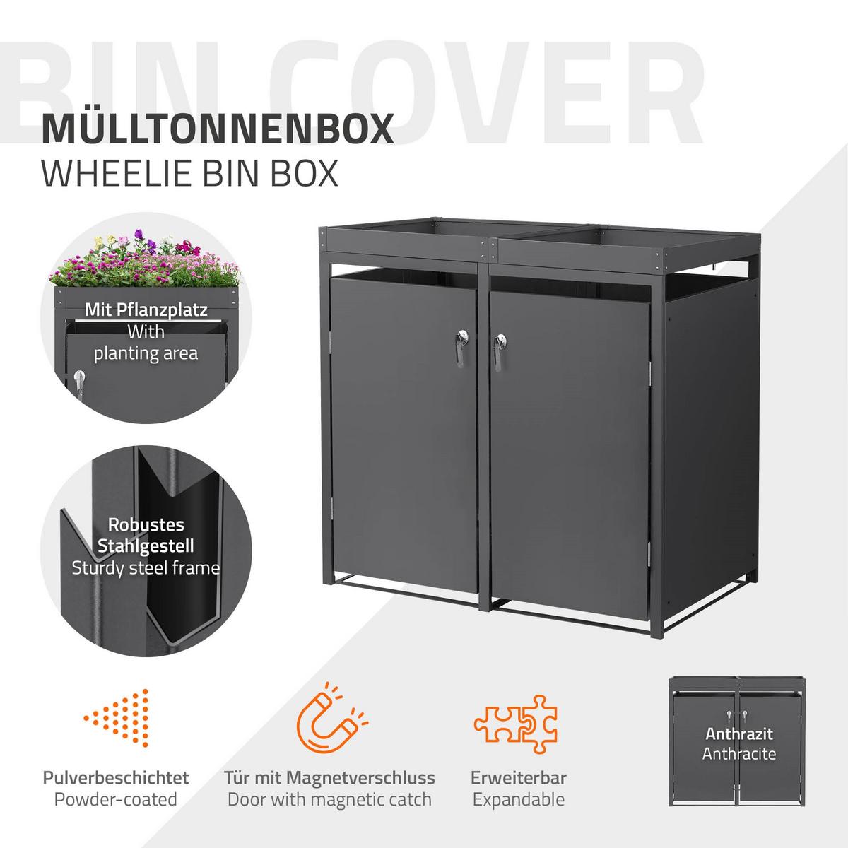 MÜLLTONNENBOX 2er mit Pflanzdach Anthrazit - Anthrazit, Metall (132/124/80cm) - ML-DESIGN