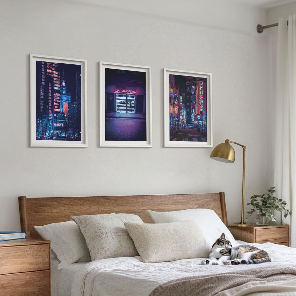 BILDER SET 3er Set - 40x60 cm Weißer Rahmen - Neon-Eingang zur nächtlichen Stadt - Weiß, Kunststoff (40/60cm) - TULUP