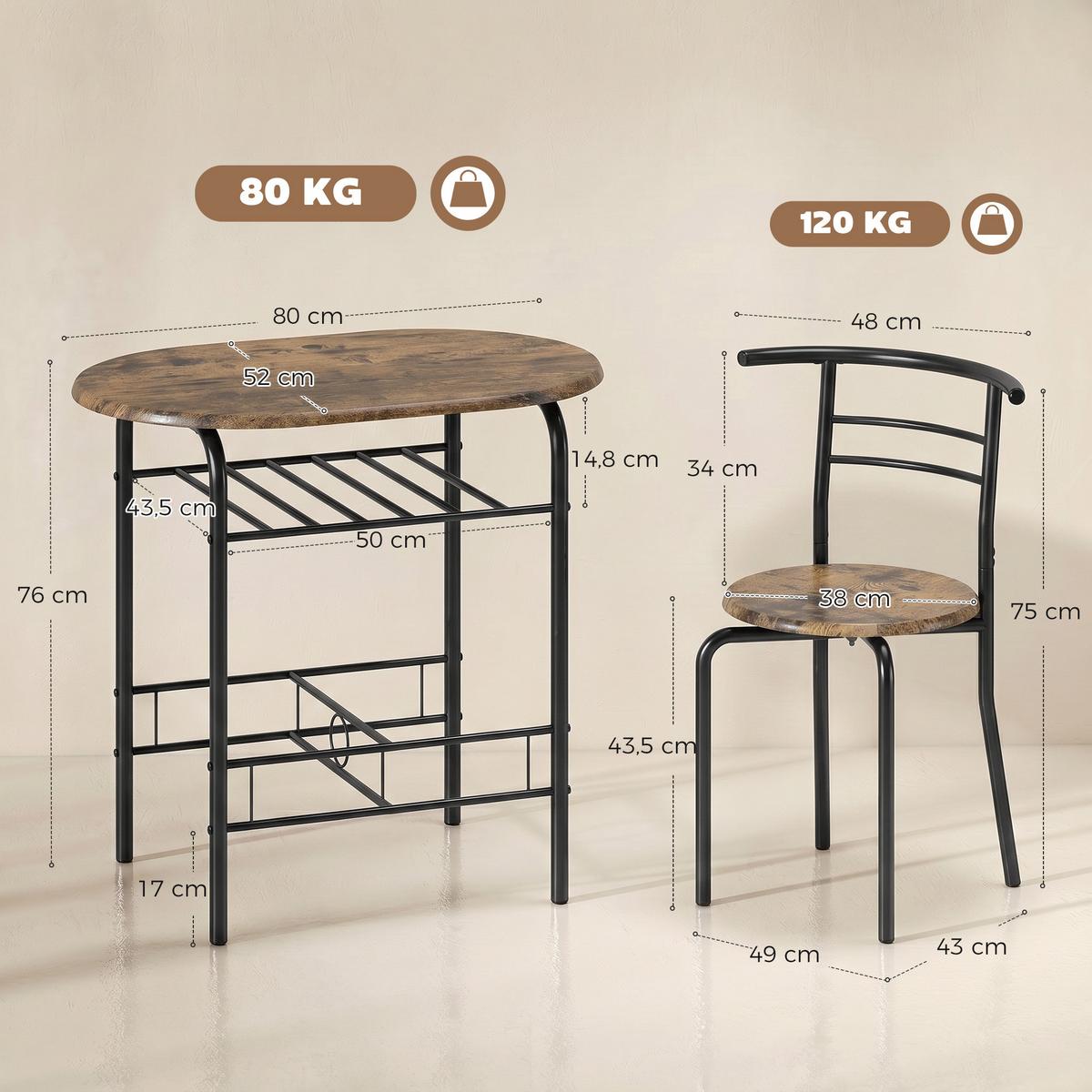 ESSGRUPPE MDF Metall Rustikal-Braun - Schwarz/Braun, Holzwerkstoff/Metall (52/76/80cm) - HOMCOM