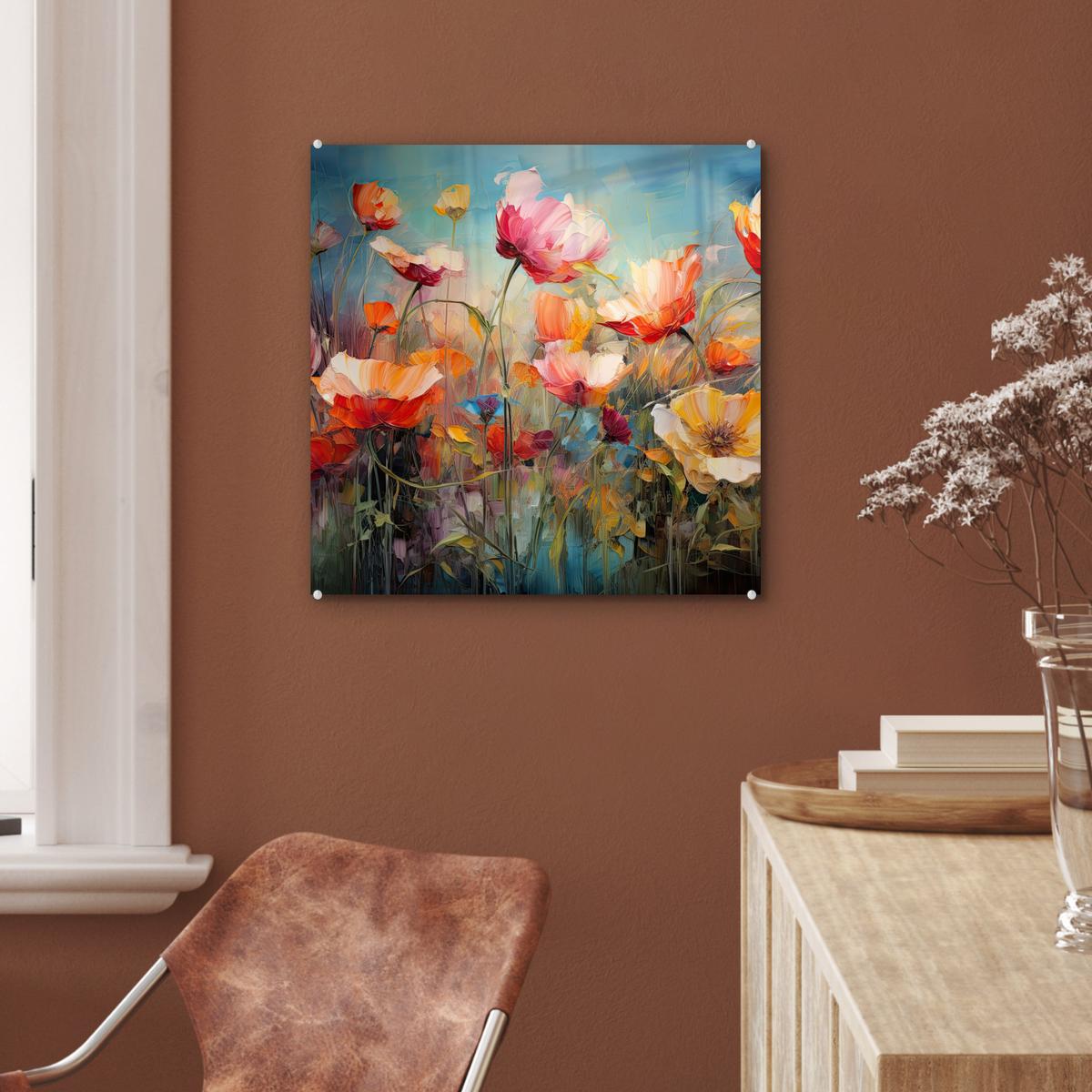ACRYLGLASBILD Blumen - Aquarell - Kunst - Botanisch - Natur 50x50 cm - Orange, Glas (50/50cm) - MuchoWow