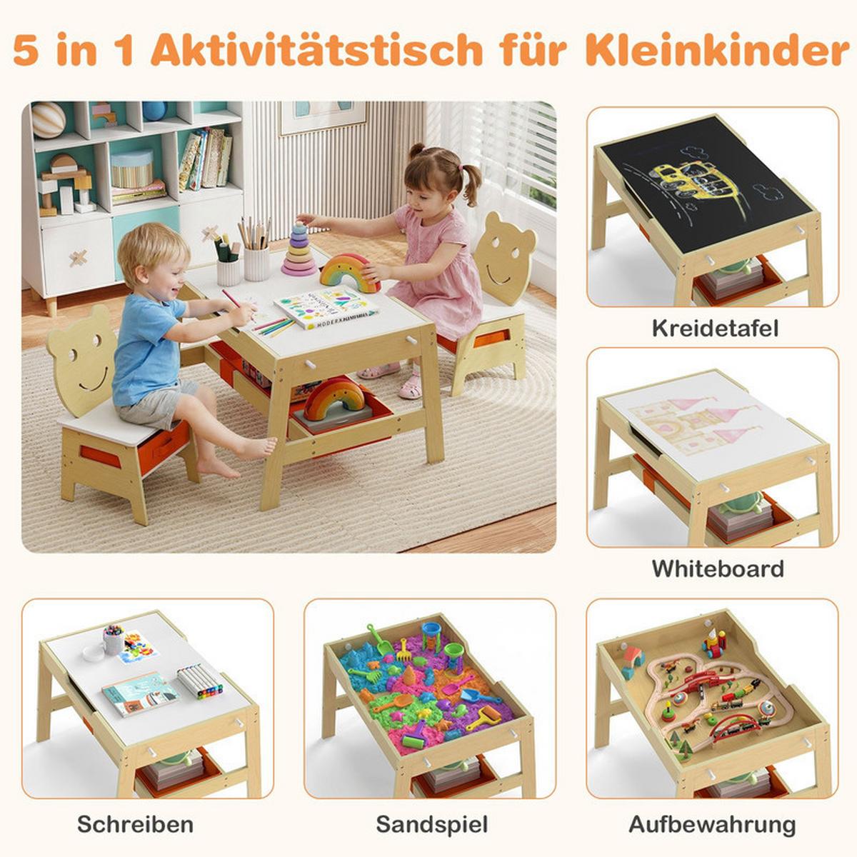KINDERTISCH mit stuhl natur(3-tlg) - Naturfarben, Holzwerkstoff (70/45/60.5cm) - COSTWAY
