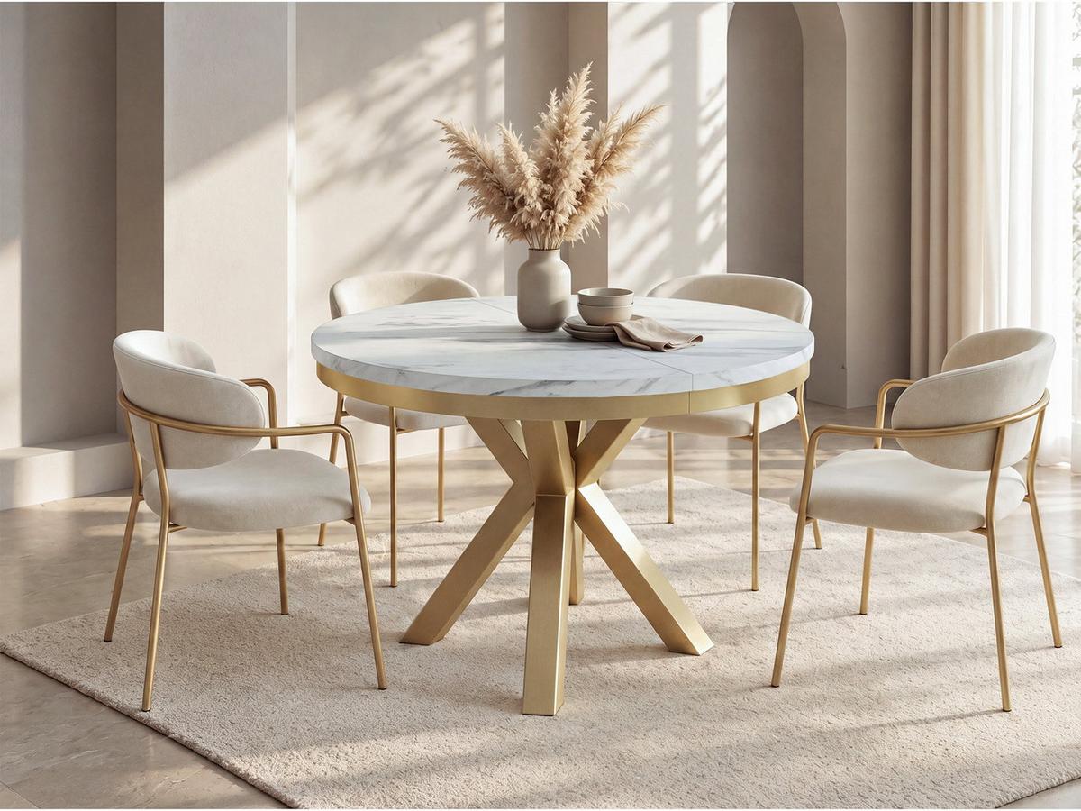 ESSTISCH Clara Gold runder ausziehbarer, Marmor Weiß 100-180/100/76 cm - Ecru/Goldfarben, Holzwerkstoff/Metall (100/176/76cm) - WFL GROUP