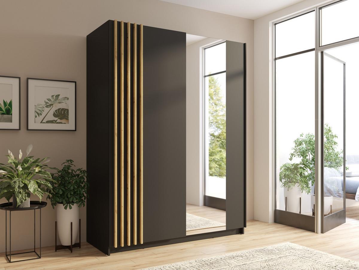 SCHWEBETÜRENSCHRANK RANOR 150,6/198,5/62cm 2-türig mit Spiegel Schwarz - Schwarz/Eiche Artisan, Holzwerkstoff (150.6/198.5/62cm) - MASSENO