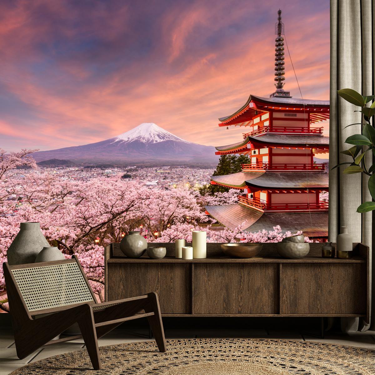 FOTOTAPETE Pagode Berg Fuji Sakura Landschaft 3D 100x70 - Rot/Violett, Papier (100/70cm) - Muralo