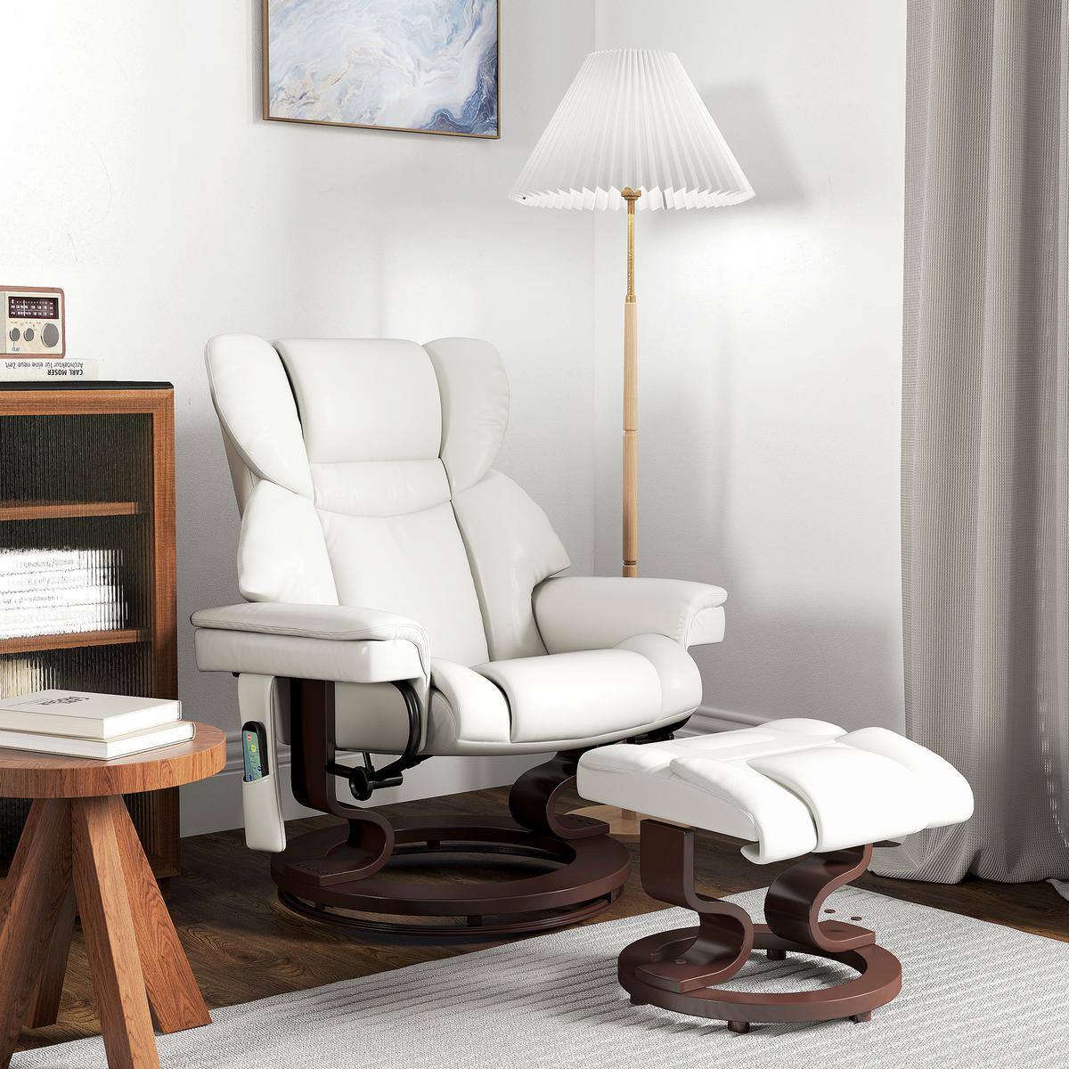RELAXSESSEL mit Fußhocker, Elektrischer Fernsehsessel mit Liegefunktion, Cremeweiß - Dunkelbraun/Creme, Holz/Metall (82/101/79cm) - HOMCOM
