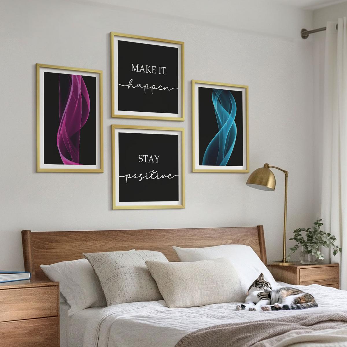 BILDER SET 4er Set - 50x50 cm & 40x60 cm Goldrahmen - Neonlinienwellen im Hintergrund - Goldfarben, Kunststoff (50/50cm) - TULUP