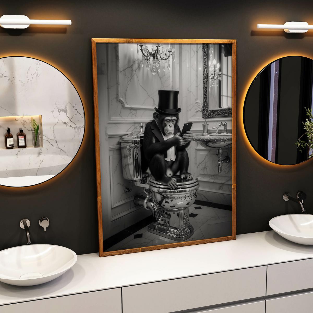 POSTER für Badezimmer WC AFFE mit Zylinder auf Toilette Abstraktion 20x30cm - Schwarz/Weiß, Papier (20/30/1cm) - Muralo