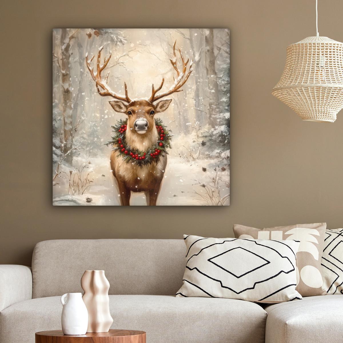LEINWANDBILD Weihnachten - Rentier - Winter - Kranz Deko Groß 90x90 cm - Naturfarben, Textil (90/90cm) - MuchoWow