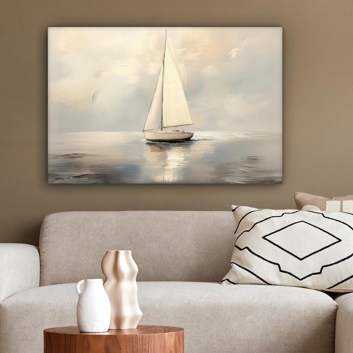 LEINWANDBILD Segelschiff - Meer - Bewölkt Gemälde 60x40 cm - Creme, Textil (60/40cm) - MuchoWow