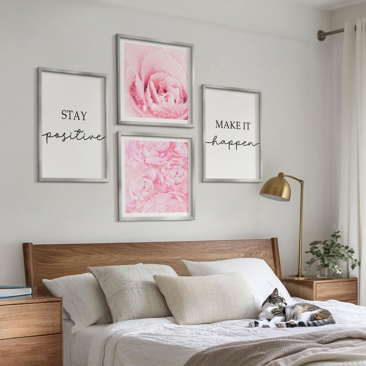 BILDER SET 4er Set - 50x50 cm & 40x60 cm Silberner Rahmen - Minimalistische rosa Blüten - Silberfarben, Kunststoff (50/50cm) - TULUP