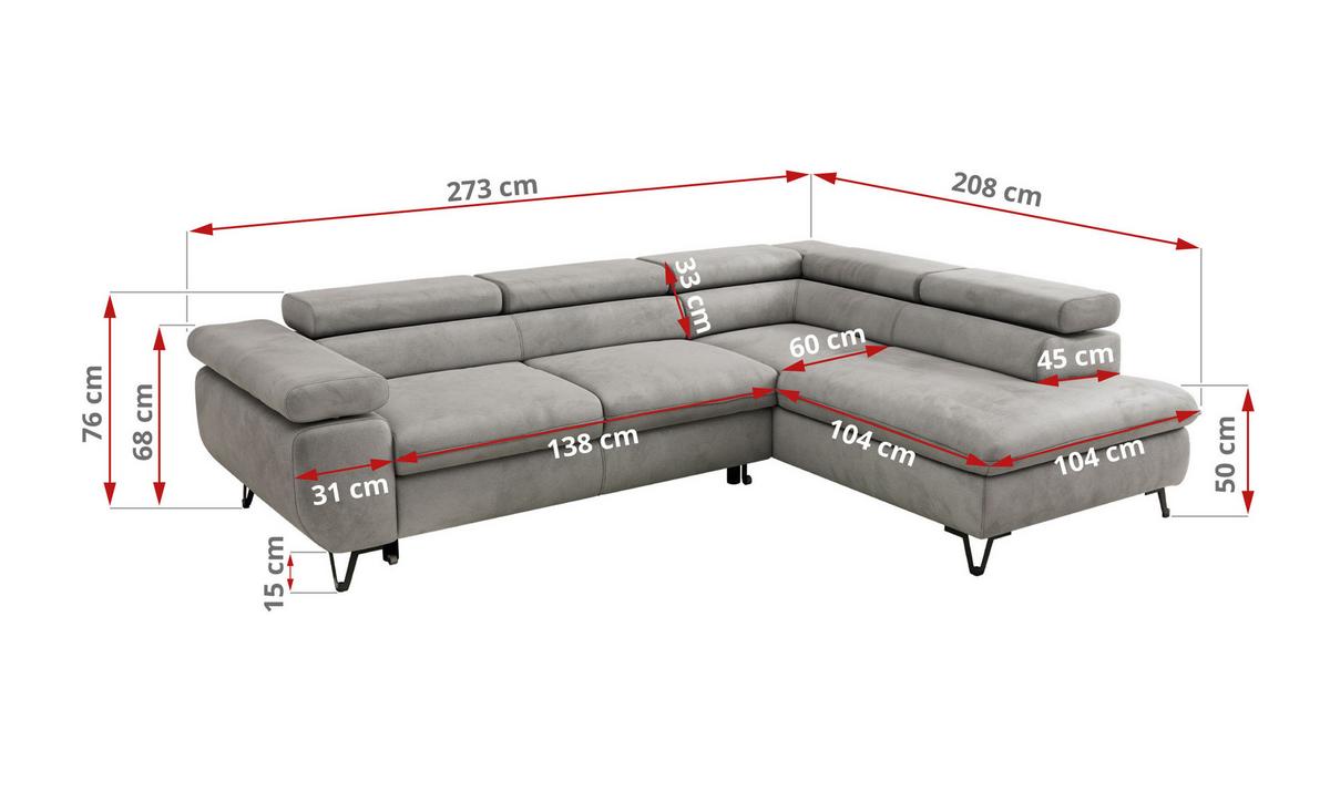 ECKSOFA PABLO L Hellgrau Velvet - Links Seite mit Visco Topper - Hellgrau/Schwarz, Textil/Metall (208/273cm) - MKS