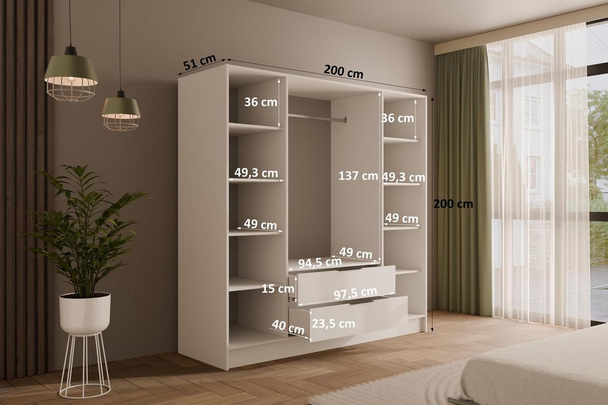 KLEIDERSCHRANK mit Spiegel und Flügeltüren KOLIN 200x200cm Weiß/Weiß - Weiß, Holzwerkstoff (200/200/51cm) - ALTDECOR