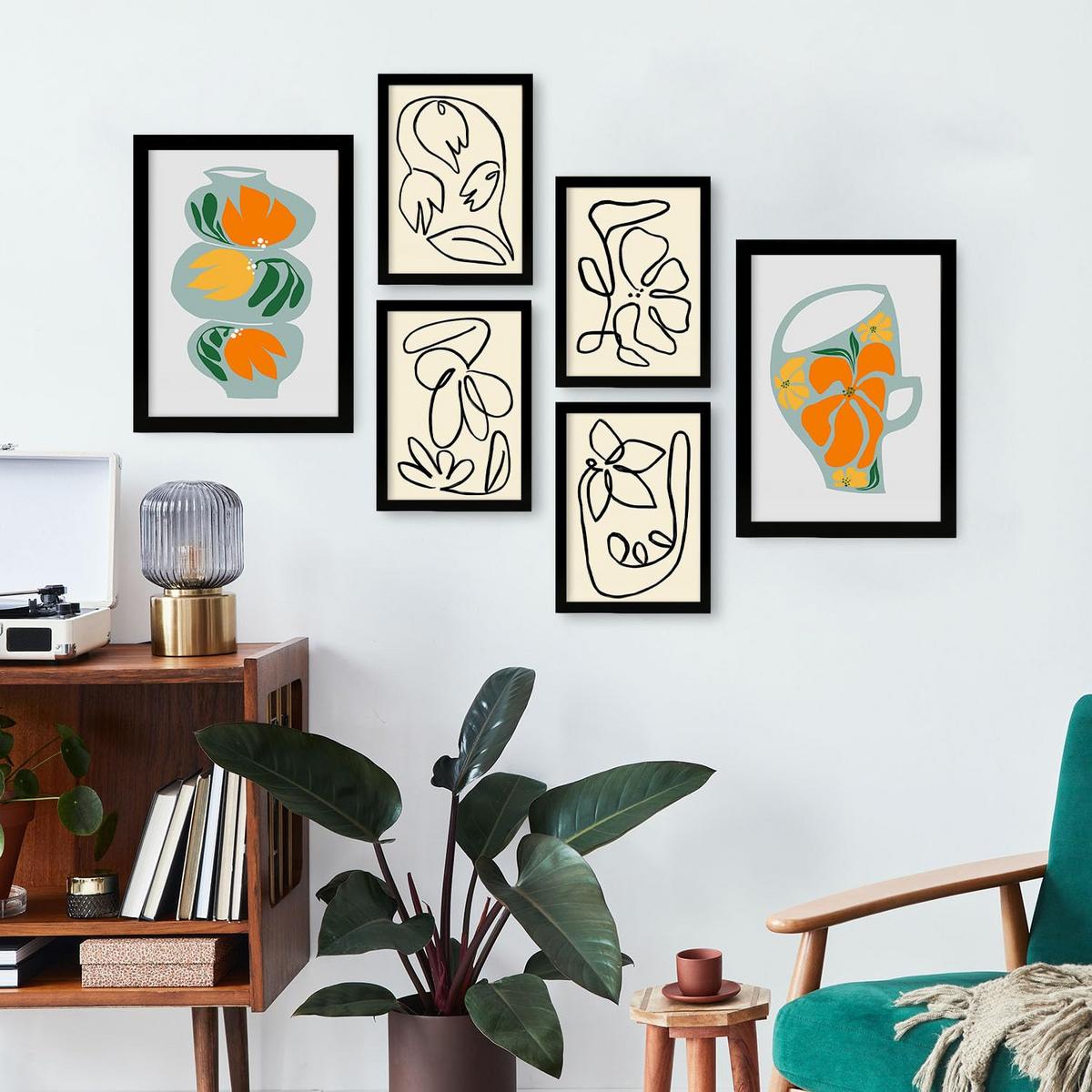 POSTER Set Mit 6 Demodierte Vase In Blume Zusammenfassung Ästhetische Dekorative Gemälde Für Ihr Wohnzimmer Zuhause A3 & A4 Schwarzer Rahmen - Schwarz, Papier (29/3cm) - Nacnic