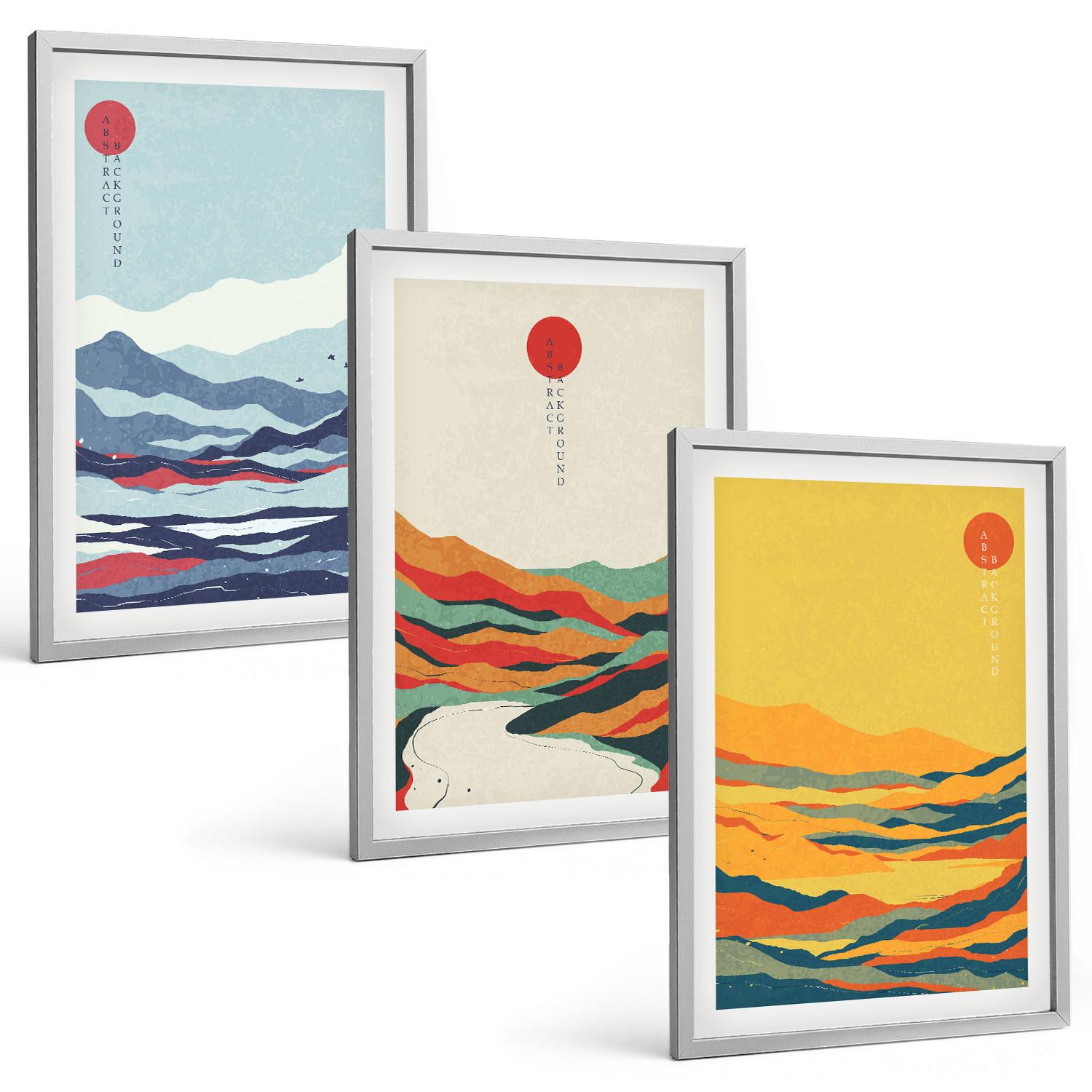 BILDER SET 3er Set - 40x60 cm Silberner Rahmen - Abstraktion von farbenfrohen Bergen und Flüssen - Silberfarben, Kunststoff (40/60cm) - TULUP